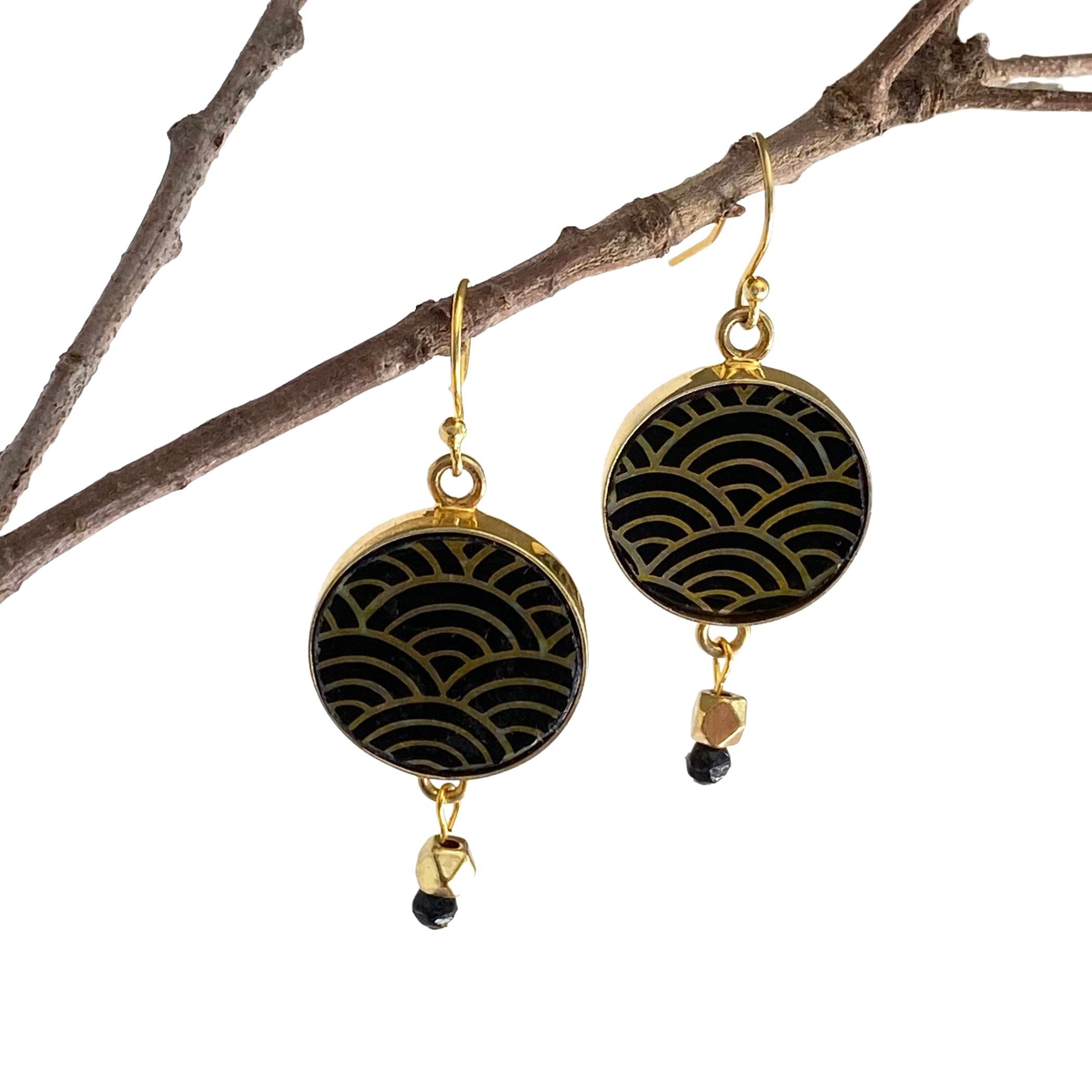 Modern Japanese Porcelain Earrings with Black and Gold Seikaiha Design