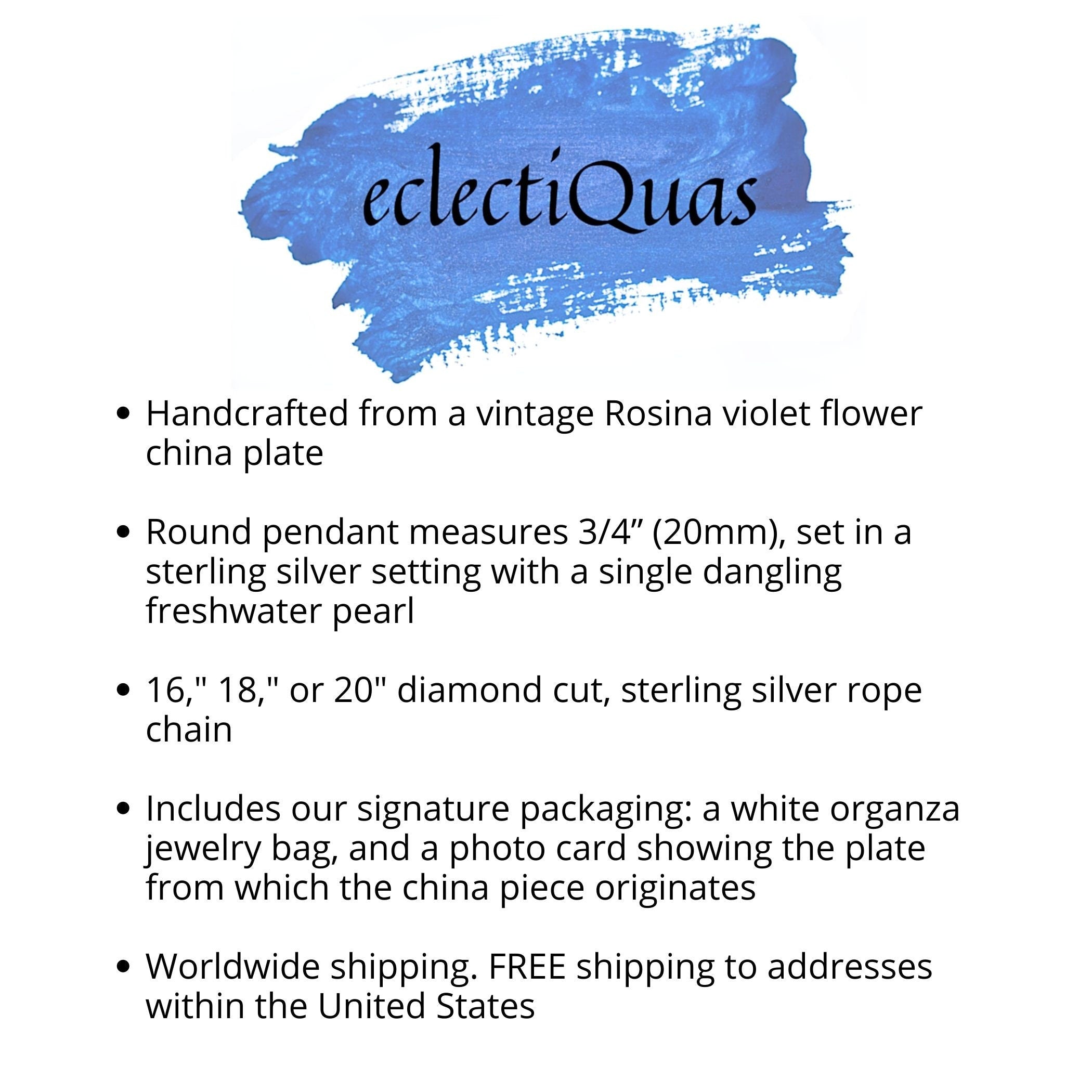 Purple Violet Flower China Necklace handmade with Dainty Vintage China