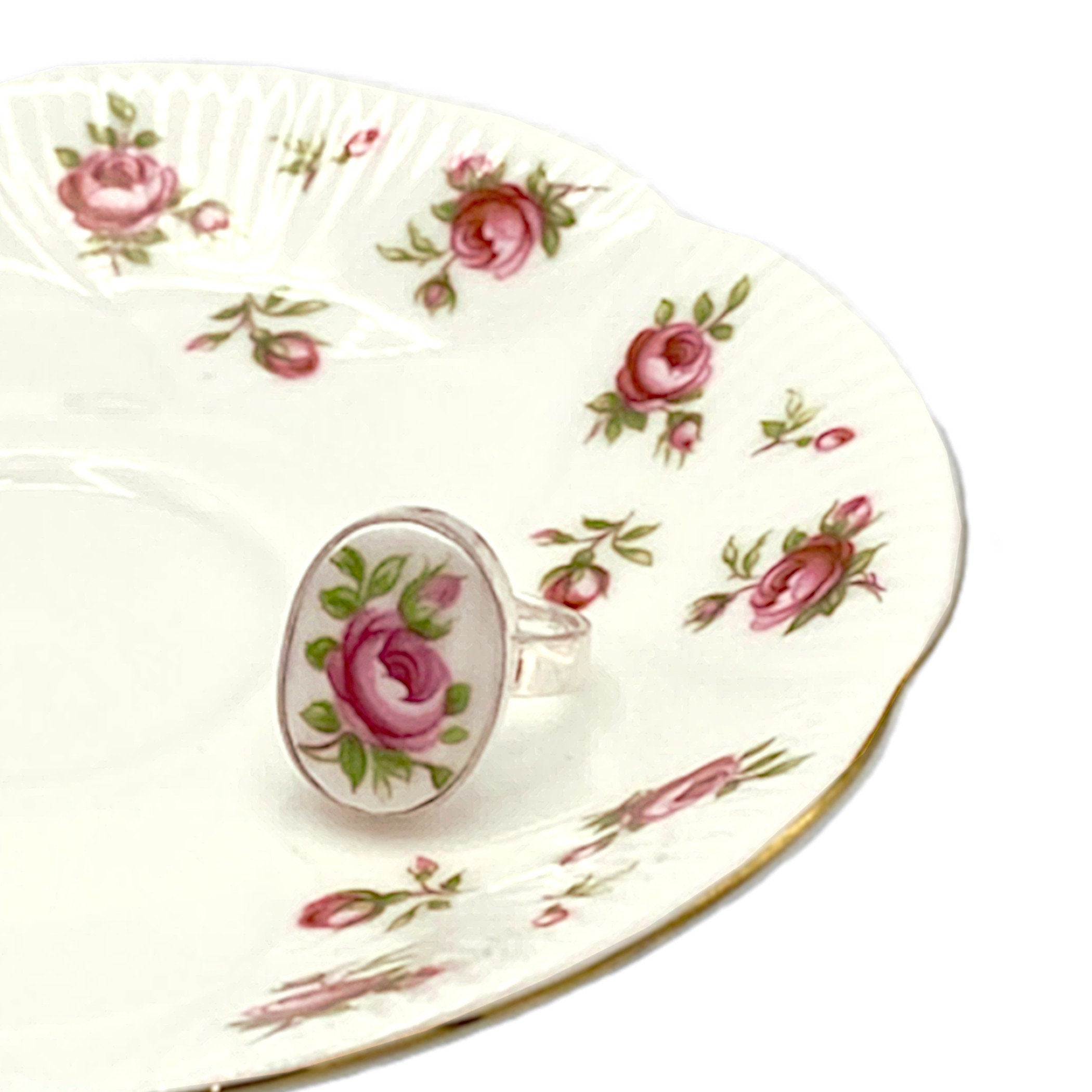 Vintage Royal Albert Oval Rose China Ring handmade with a Modern Victorian Aesthetic