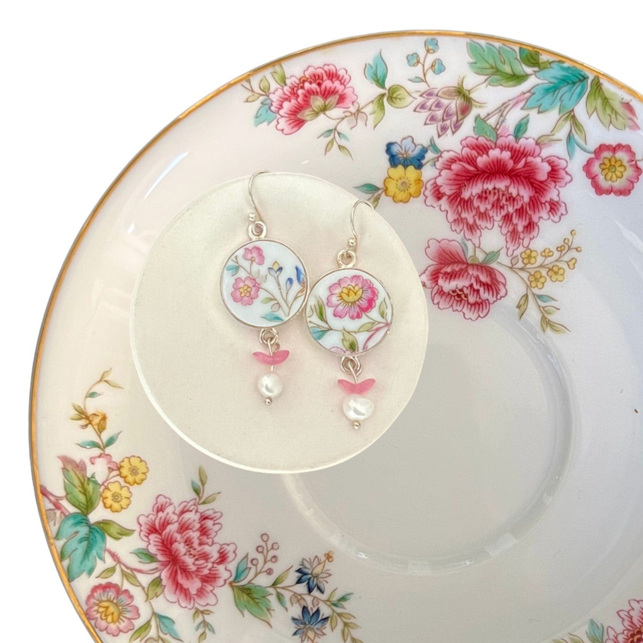 Pink Botanical Floral China Earrings Upcycled with Mismatched Flower China