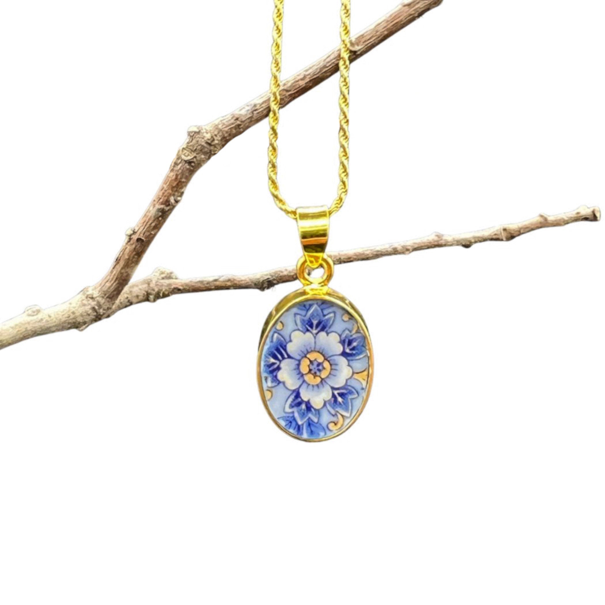 Dainty Blue Floral Upcycled Porcelain Necklace with Tiny Oval China Pendant