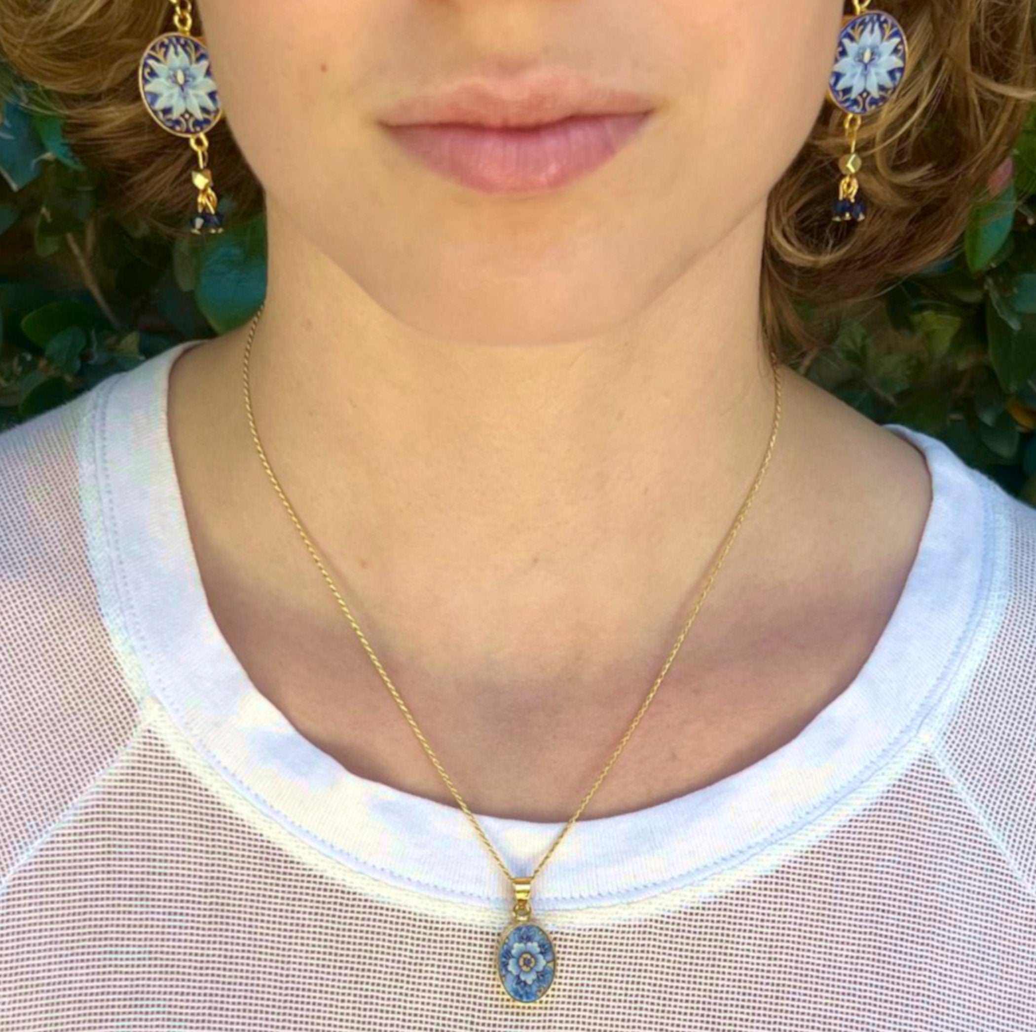 Dainty Blue Floral Upcycled Porcelain Necklace with Tiny Oval China Pendant