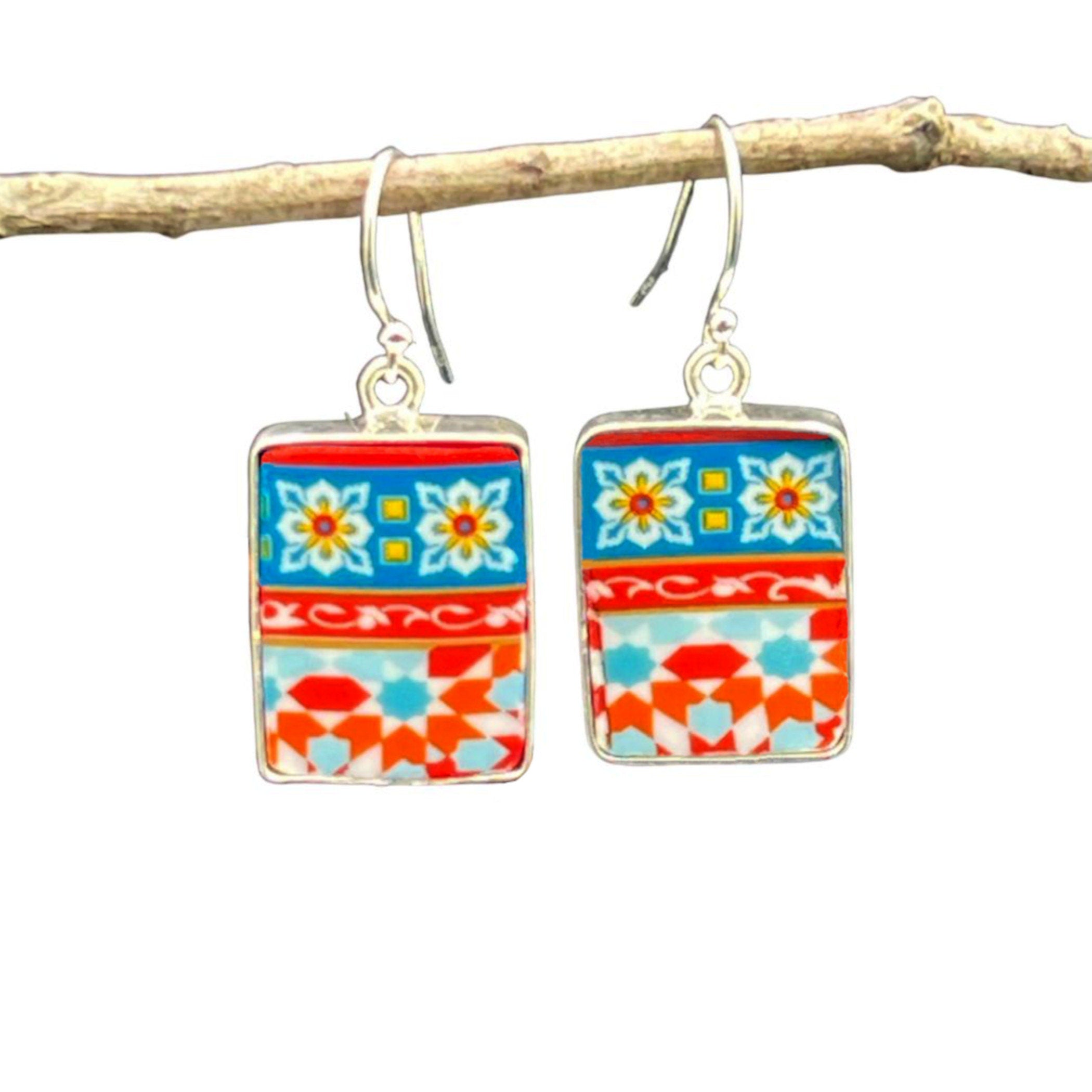 Mediterranean Mosaic Tile Earrings handmade with Upcycled Porcelain, Bold Colorful Summer Ceramic Jewelry inspired by Moroccan Tiles