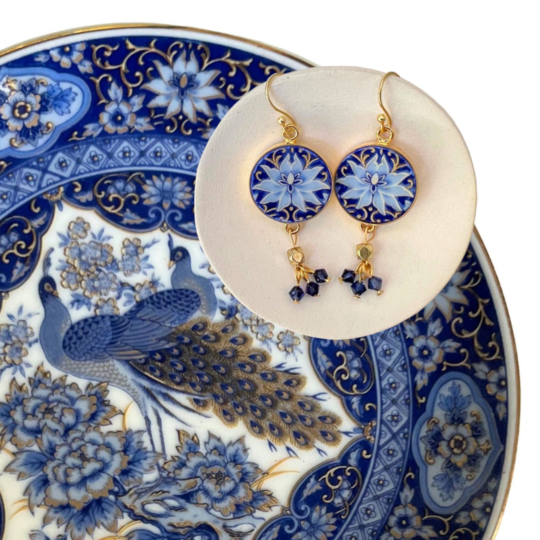 Handmade Blue Lotus Flower Porcelain Jewelry, Upcycled Zen Earrings