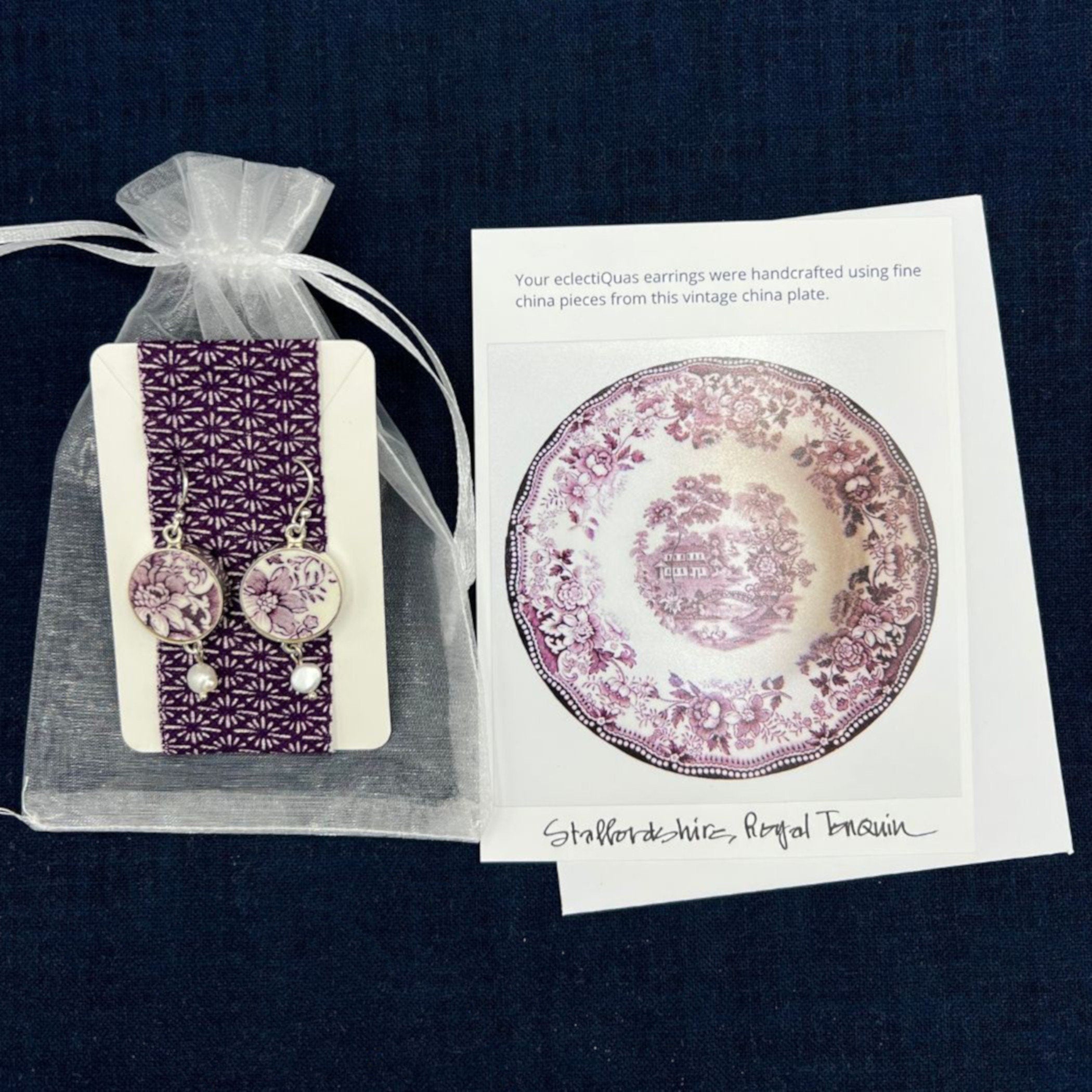 Upcycled China Earrings handmade with Mismatched Rose Purple Transferware China, Vintage Broken China Jewelry Gift for Purple Lovers