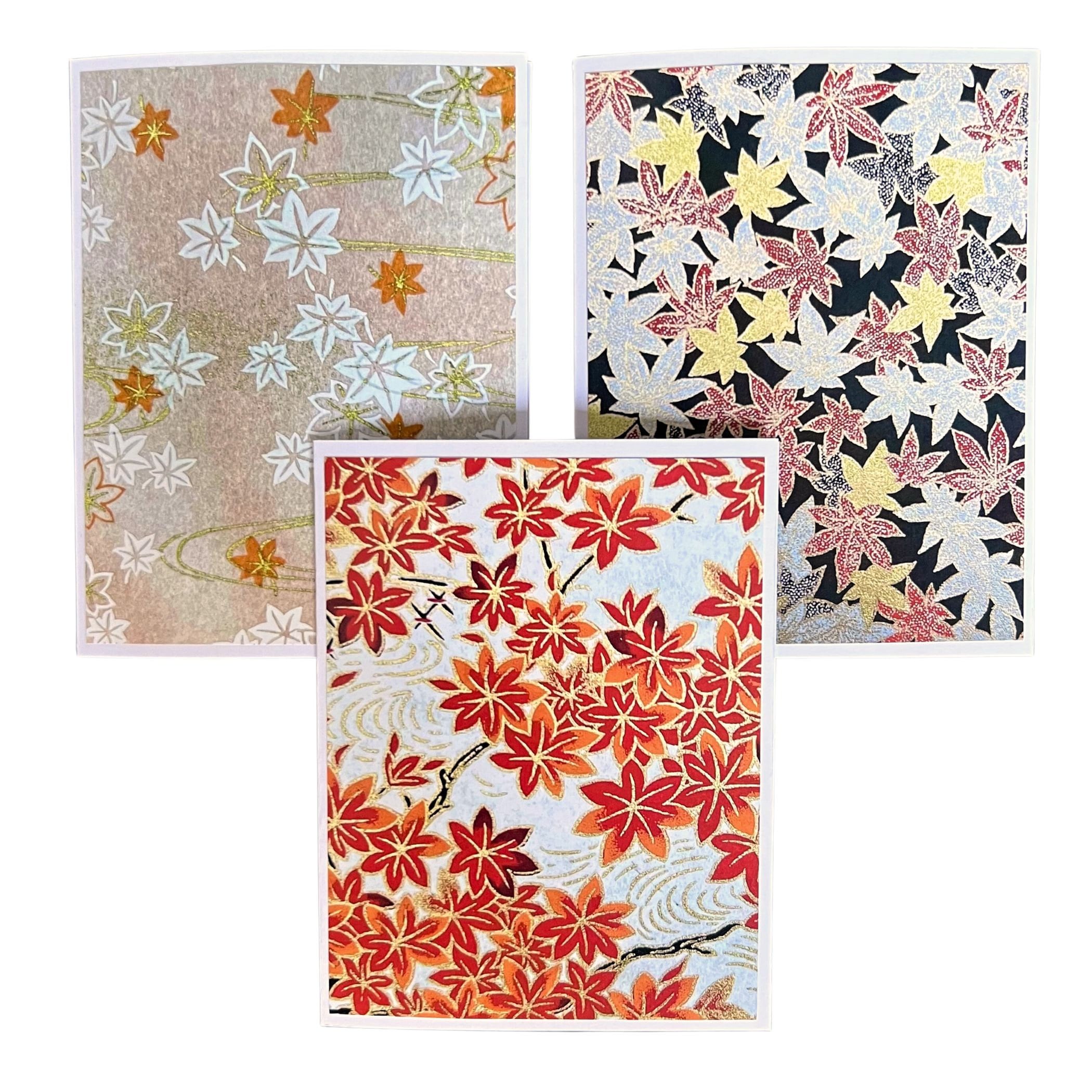 Autumn Japanese Greeting Cards featuring Momiji Designs, Blank Notecard Set with Japanese Maple Leaf Photo Cards of Chiyogami Yuzen Washi