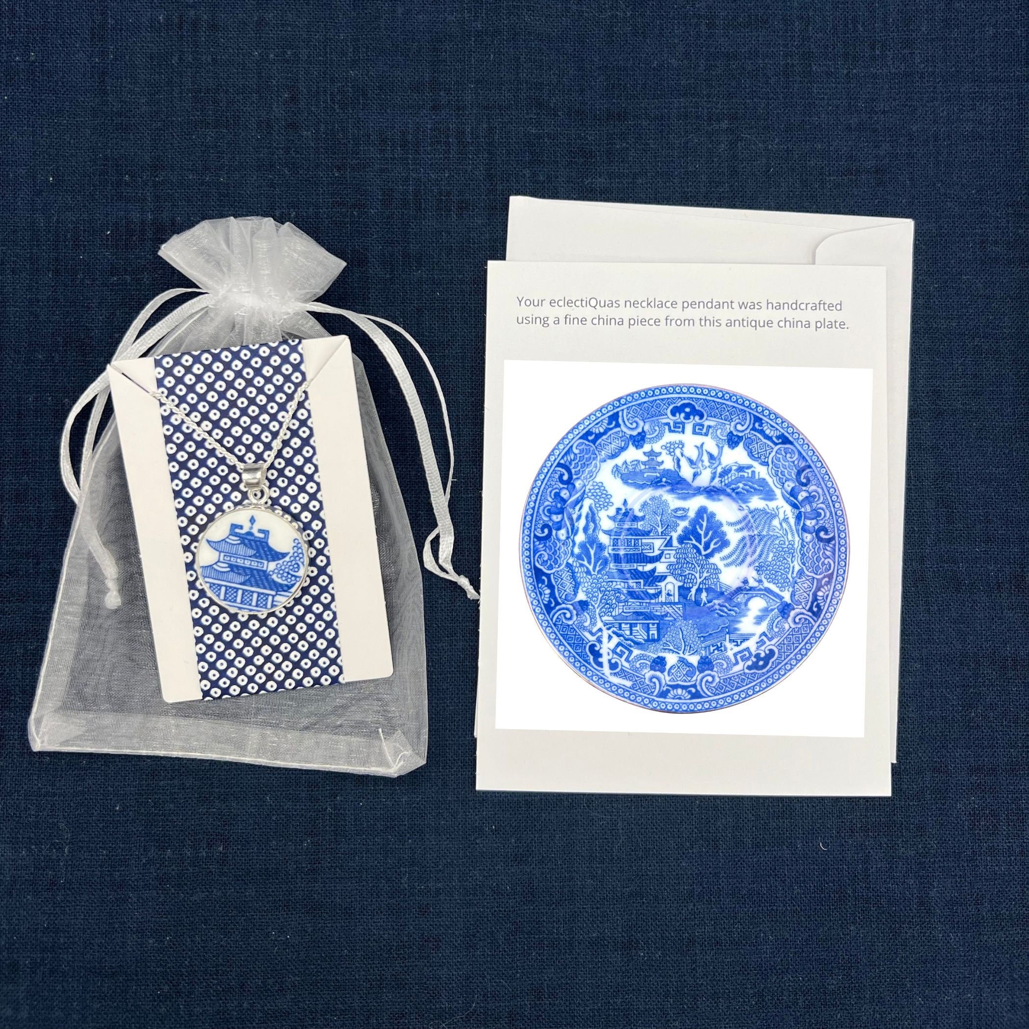 Crown Staffordshire Blue Willow China Cup & Saucer with Pagoda China Necklace