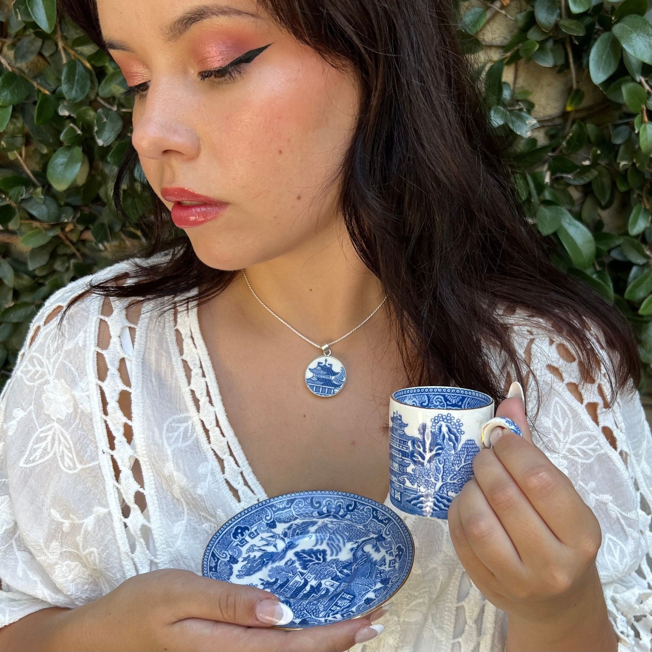 Crown Staffordshire Blue Willow China Cup & Saucer with Pagoda China Necklace
