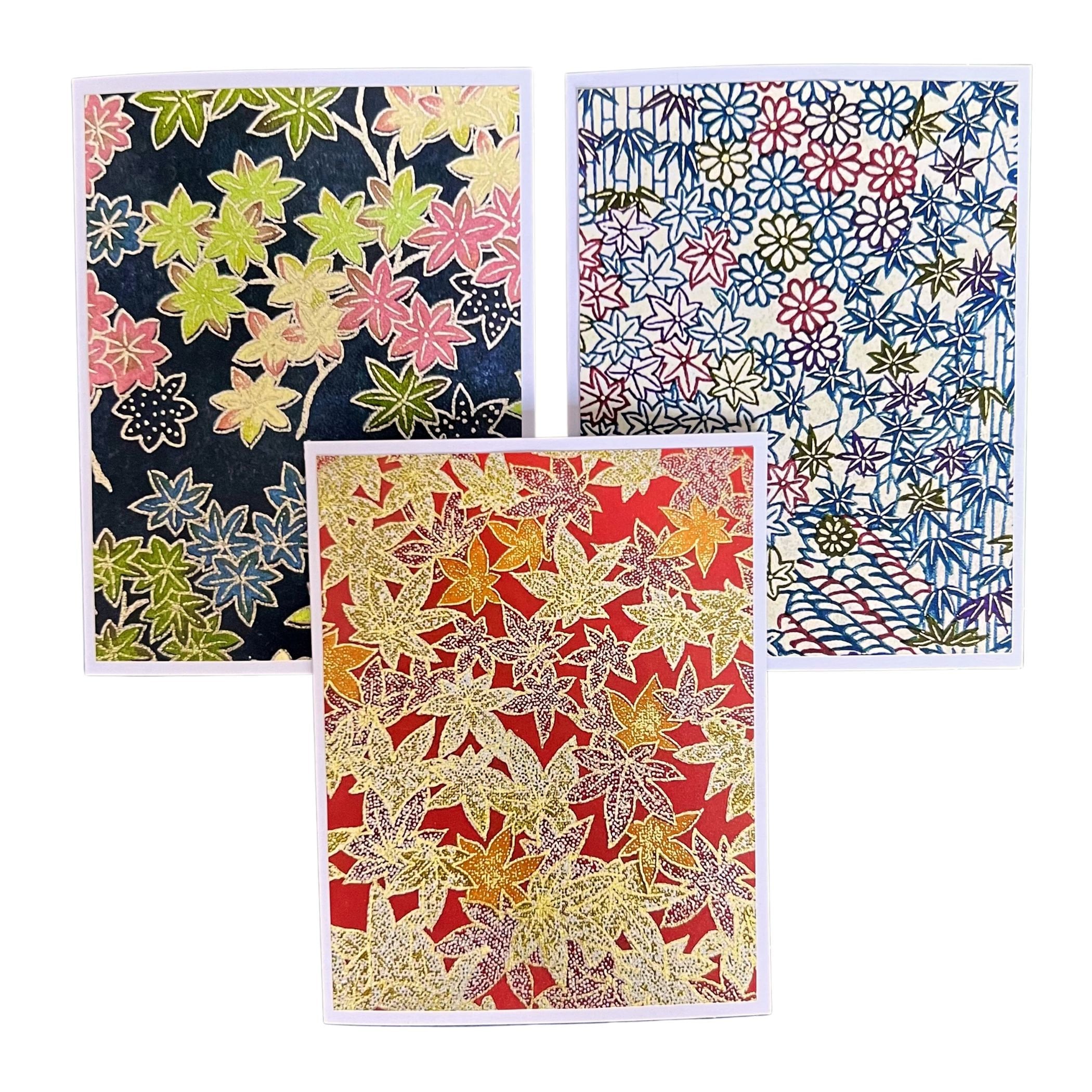 Autumn Japanese Greeting Cards featuring Momiji Designs, Blank Notecard Set with Japanese Maple Leaf Photo Cards of Chiyogami Yuzen Washi
