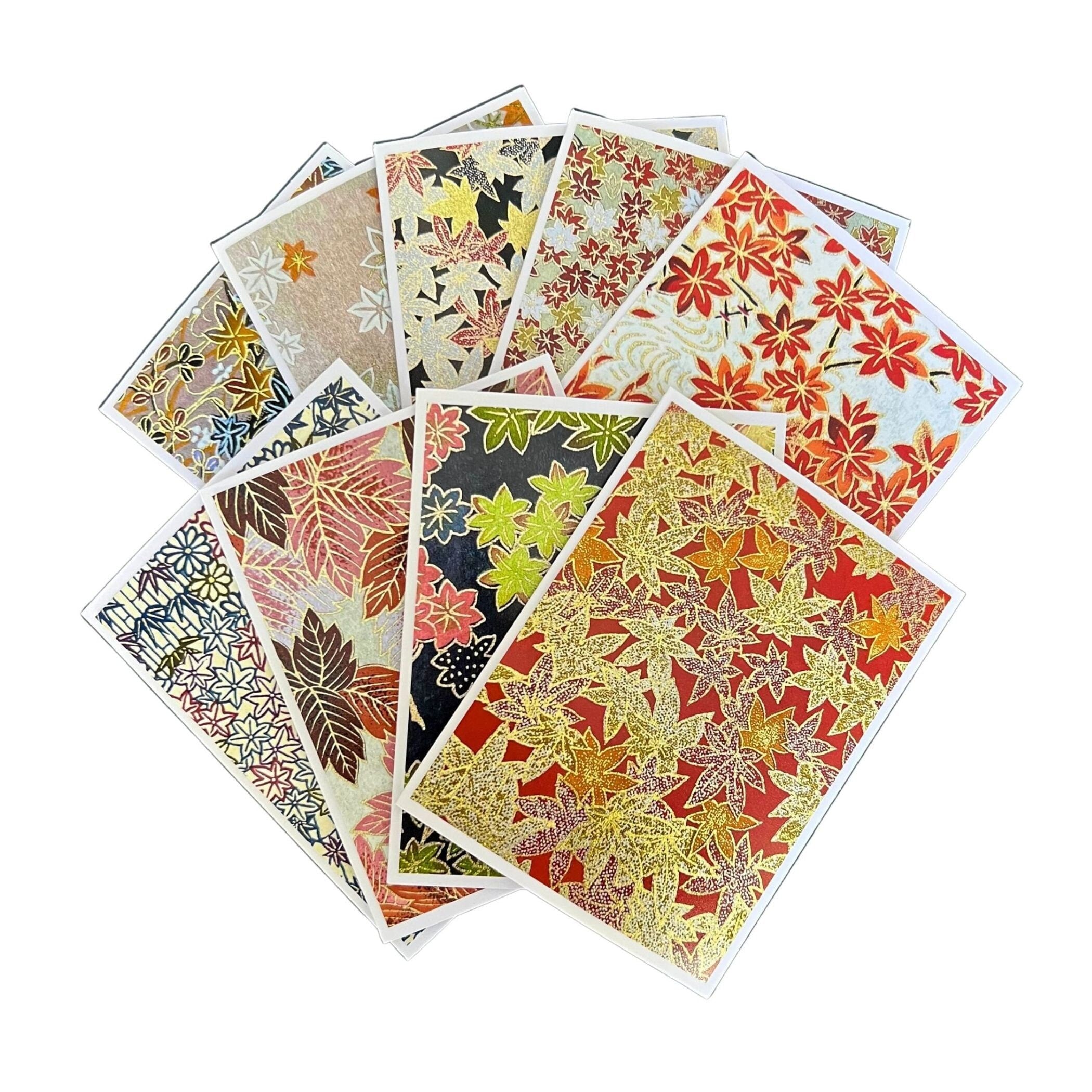 Autumn Japanese Greeting Cards featuring Momiji Designs, Blank Notecard Set with Japanese Maple Leaf Photo Cards of Chiyogami Yuzen Washi
