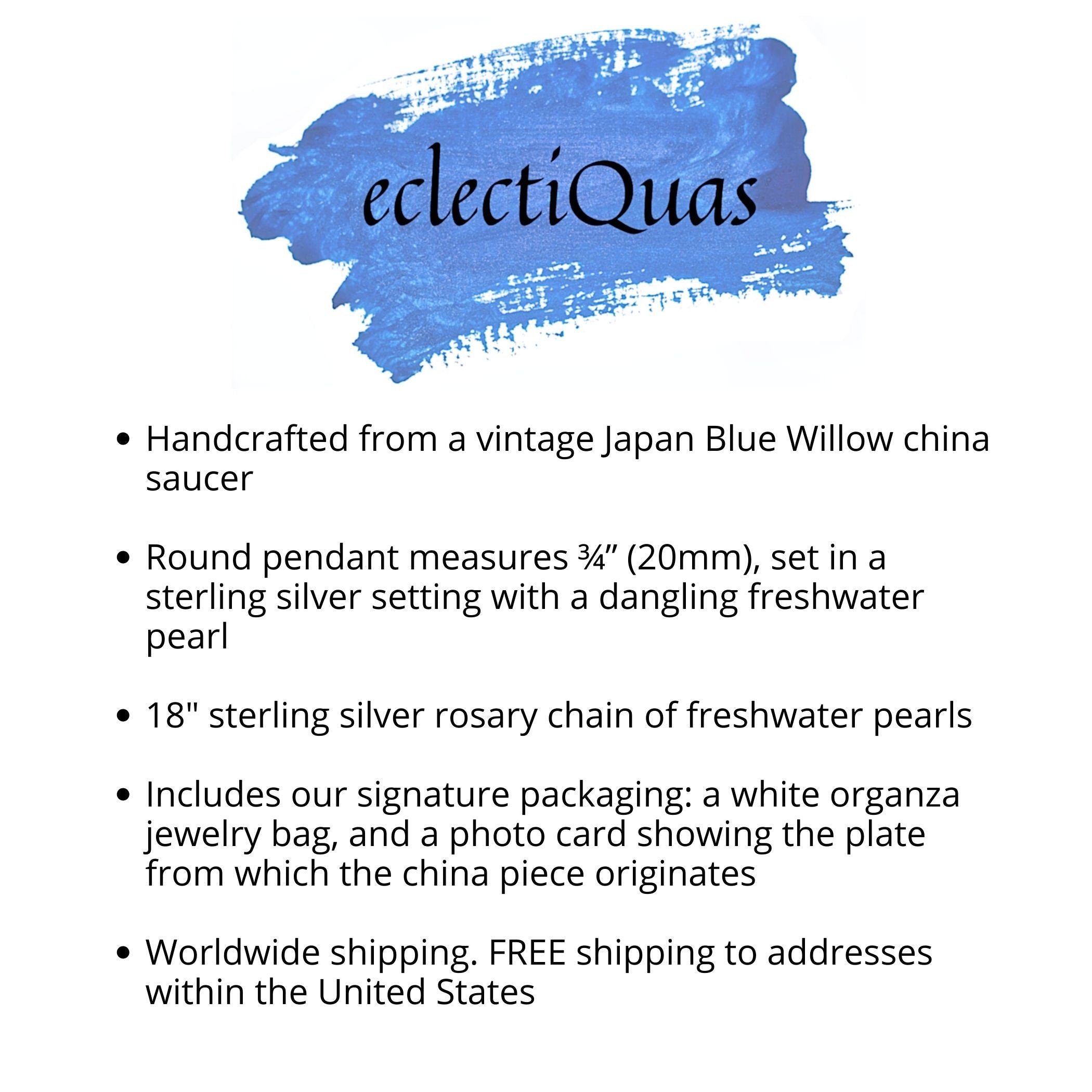 Blue Willow China Necklace with Geometric Transferware China Pendant