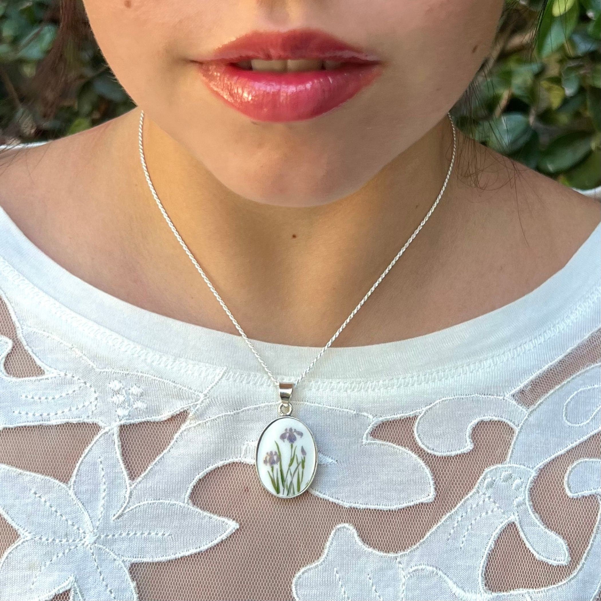 Purple Iris Porcelain Necklace handmade from an Imari Porcelain Vase