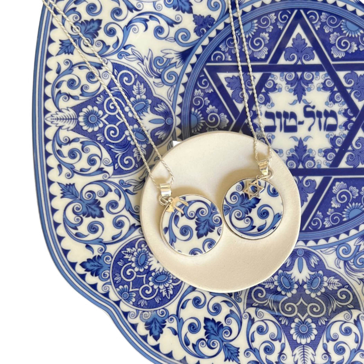 Jewish Star of David and Chai Necklace handcrafted with Spode Judaica China & Sterling Silver, Magen David Modern Judaica Jewelry Gift