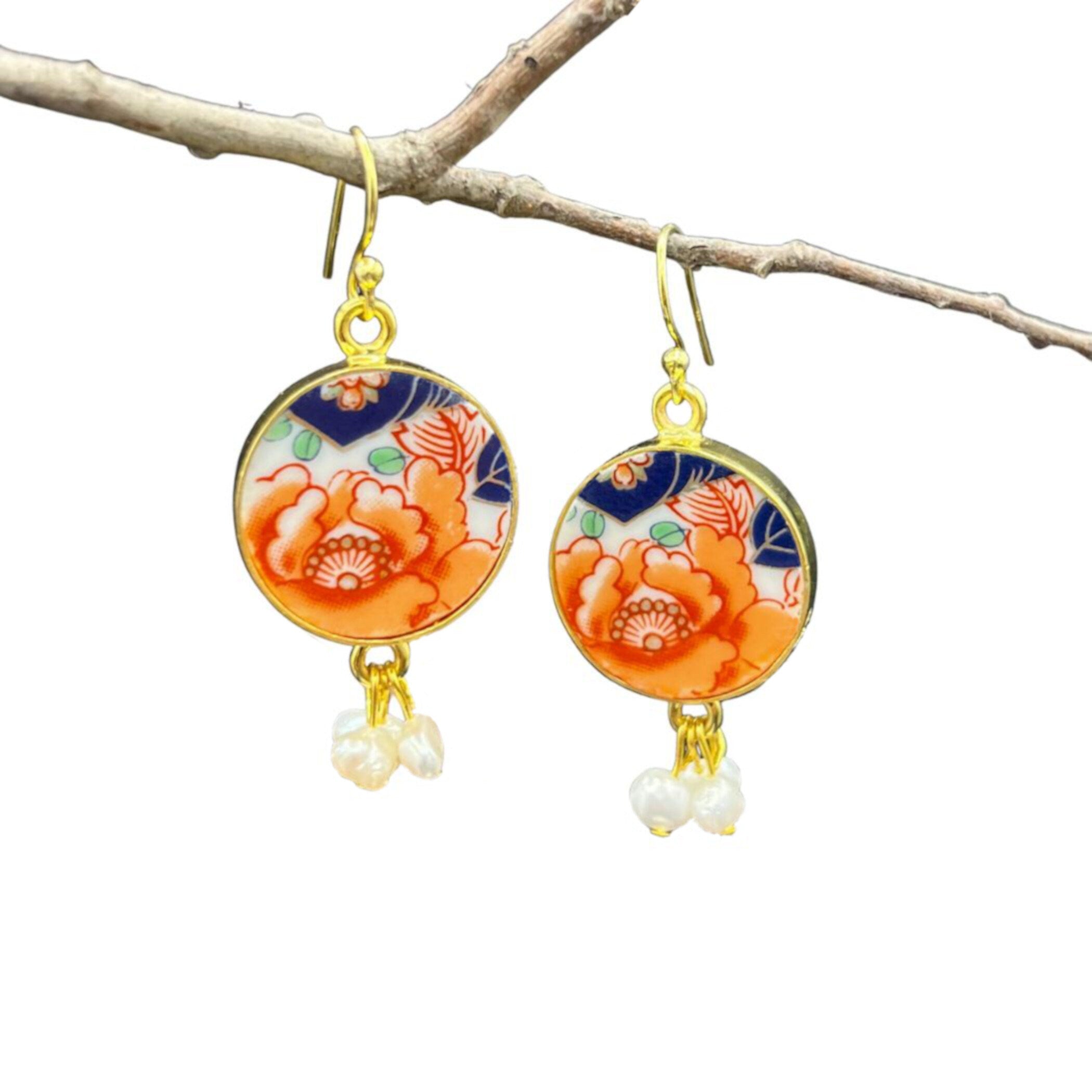 Autumn Peony Porcelain Dangle Earrings handmade with Kutani Imari Porcelain, Unique Indie Jewelry Gift for Her November Birthday