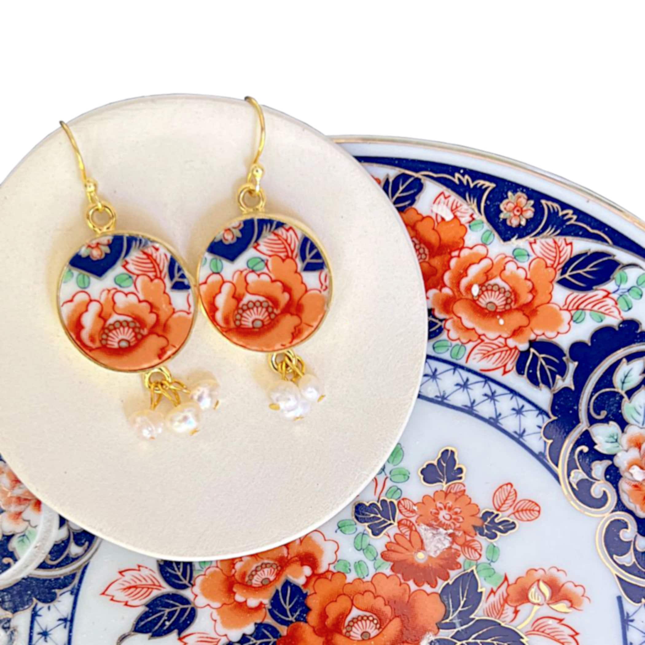 Autumn Peony Porcelain Dangle Earrings handmade with Kutani Imari Porcelain, Unique Indie Jewelry Gift for Her November Birthday