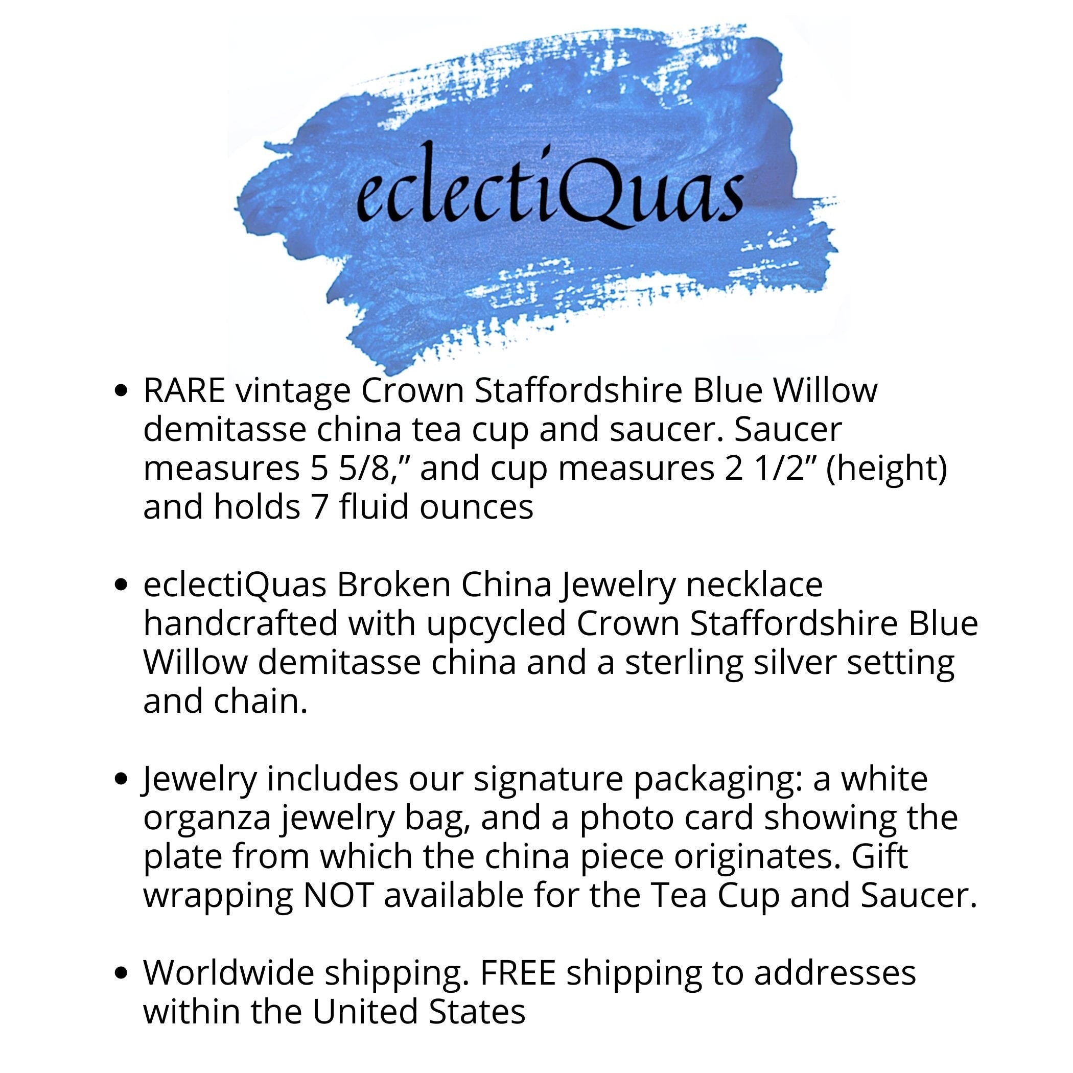 Crown Staffordshire Blue Willow China Cup & Saucer with Pagoda China Necklace