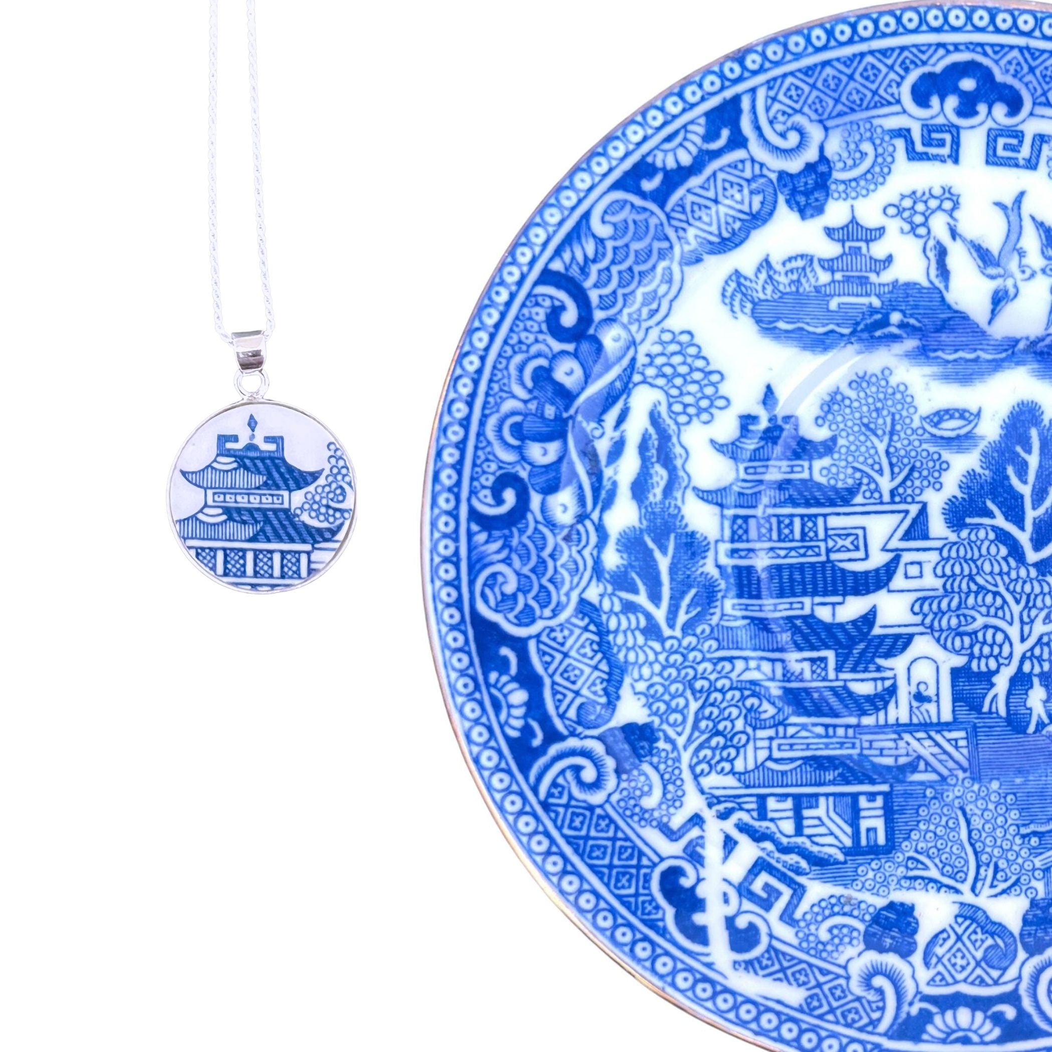 Crown Staffordshire Blue Willow China Cup & Saucer with Pagoda China Necklace