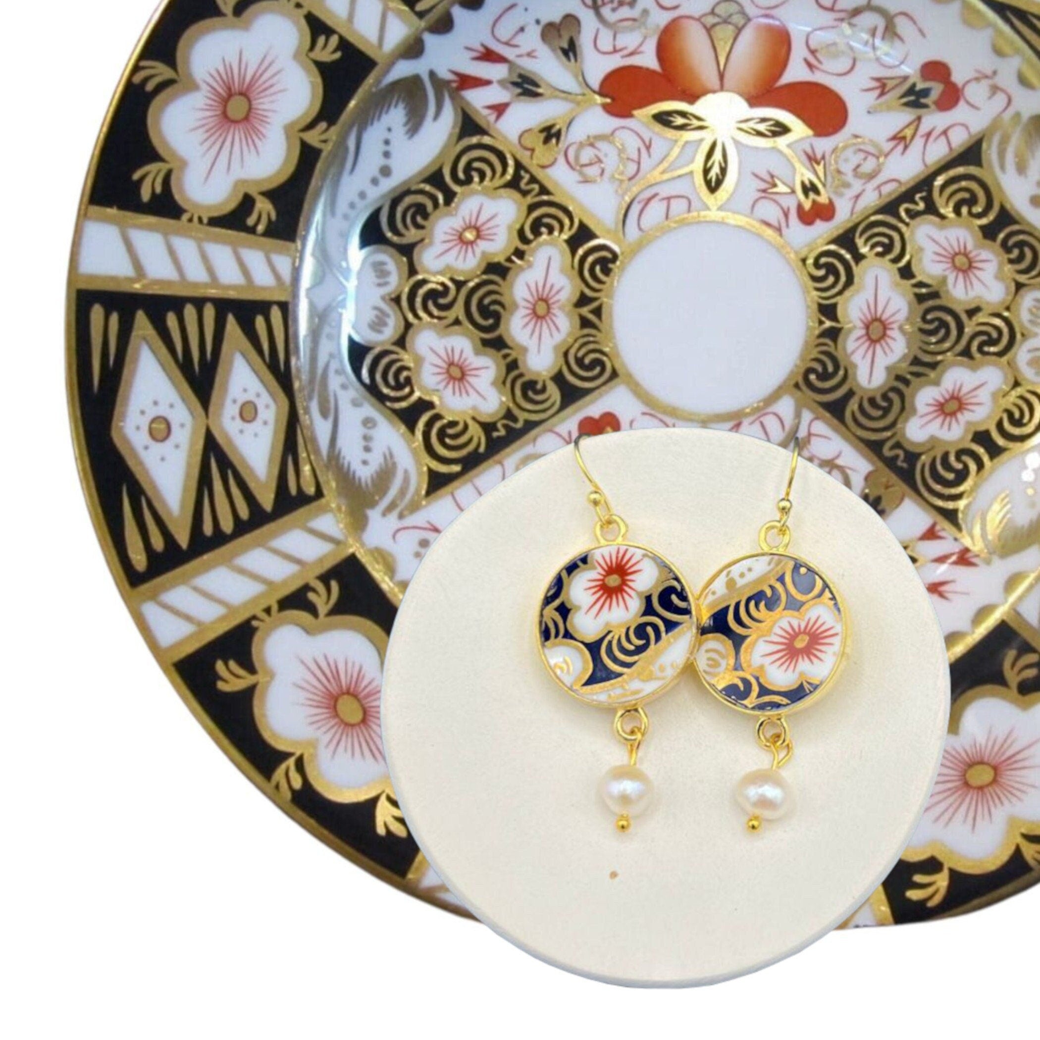 Asymmetrical Floral Royal Crown Derby Imari China Earrings