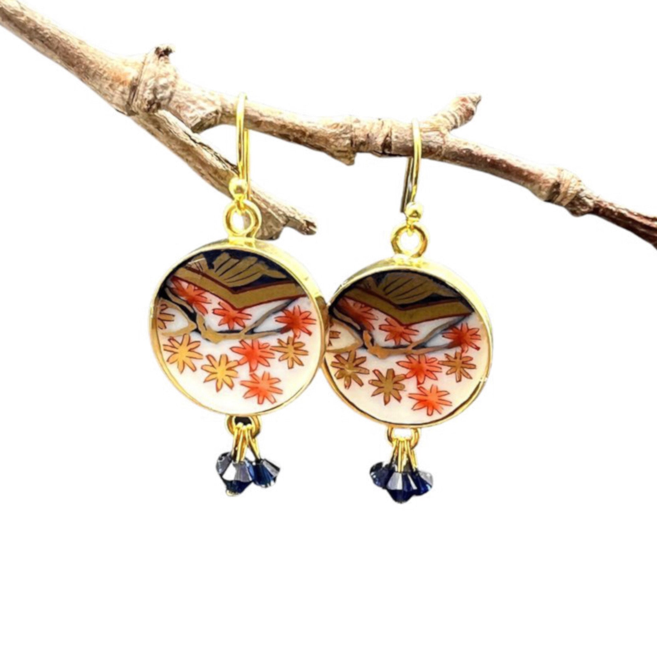 Unique Japanese Maple Leaf China Earrings handmade from a Vintage Arita Imari Plate, Upcycled Porcelain Jewelry for Her Autumn Birthday Gift