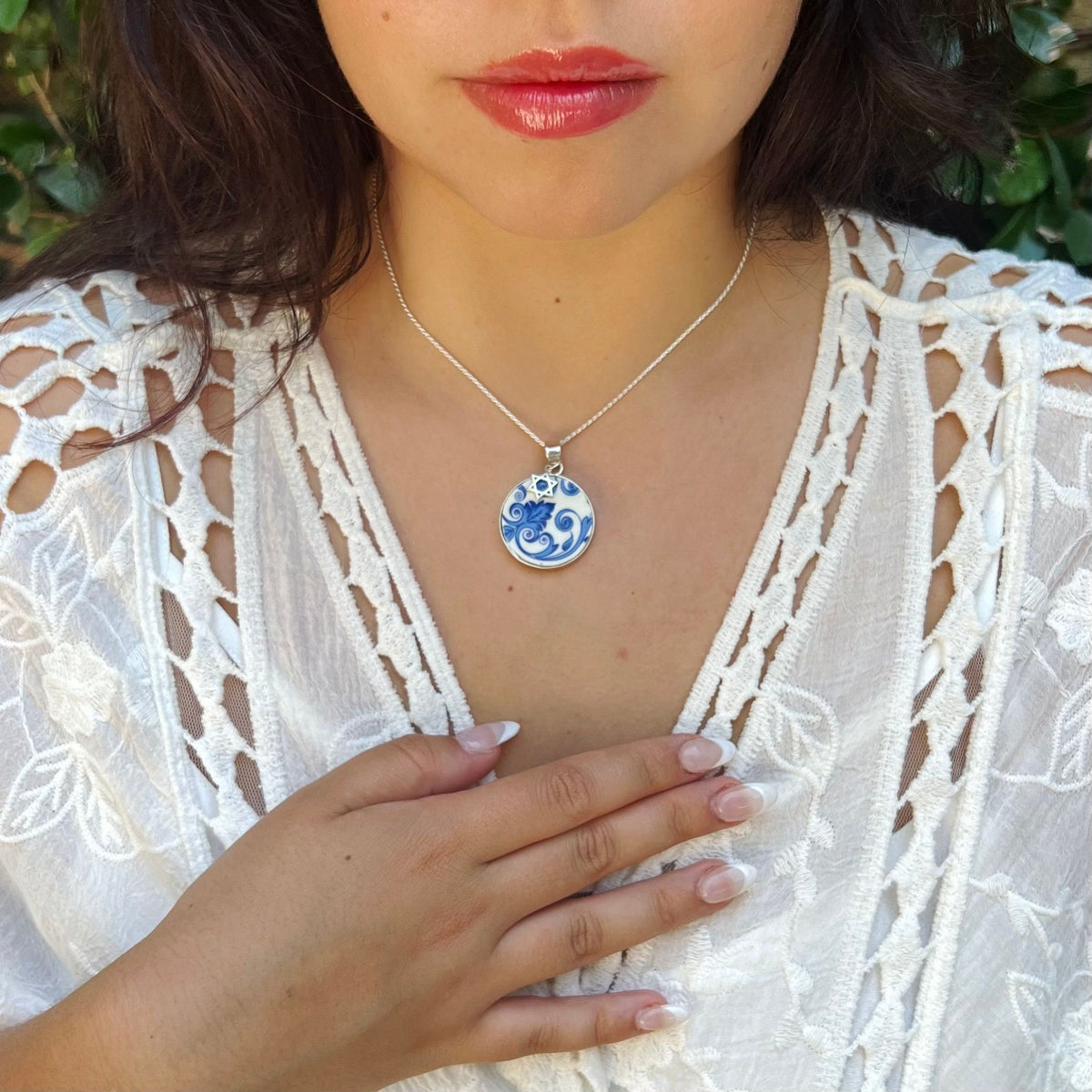 Jewish Star of David and Chai Necklace handcrafted with Spode Judaica China & Sterling Silver, Magen David Modern Judaica Jewelry Gift