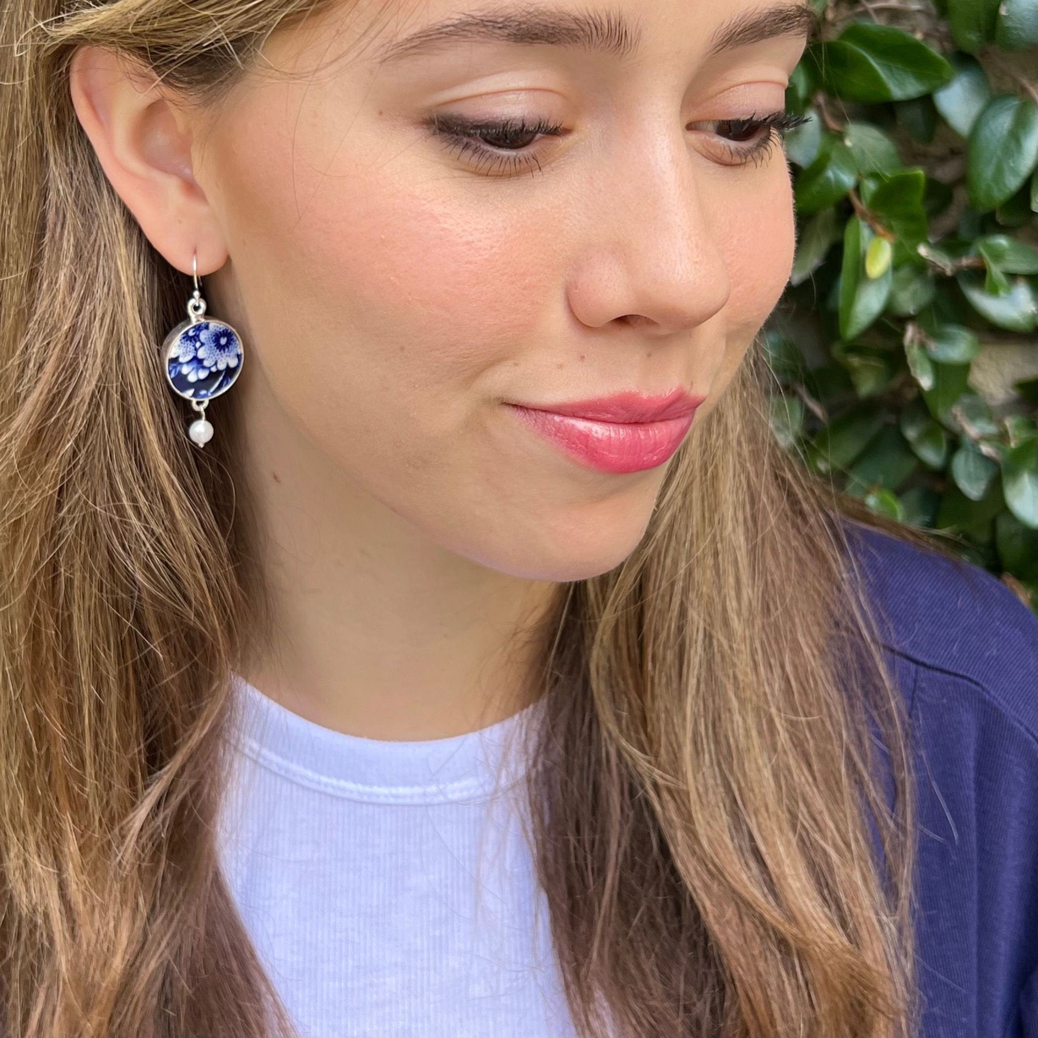 Burleigh Blue Calico Broken China Earrings handmade from Staffordshire plates