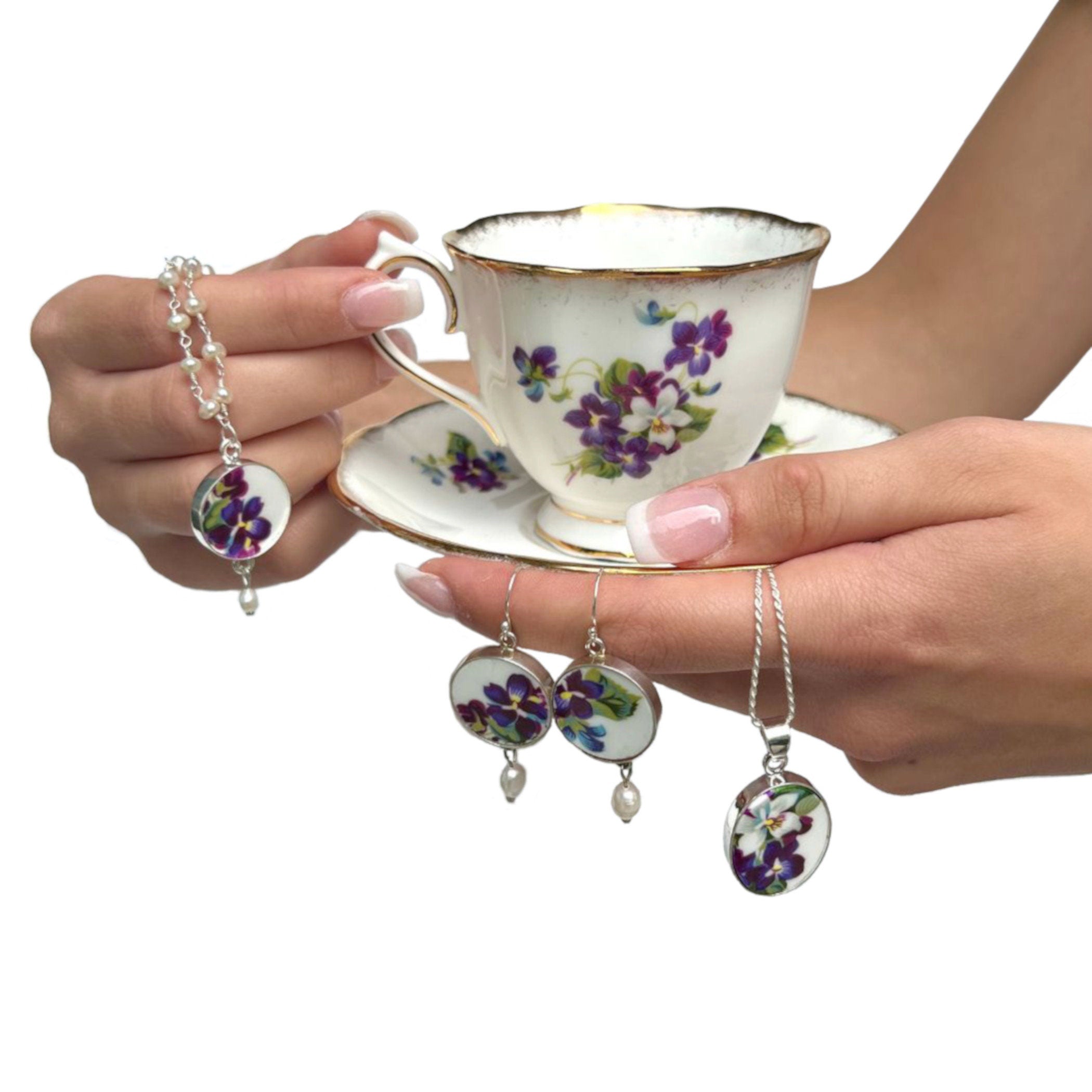Vintage Royal Albert Violets for Love Broken China Jewelry & Fine Bone China Tea Cup and Saucer