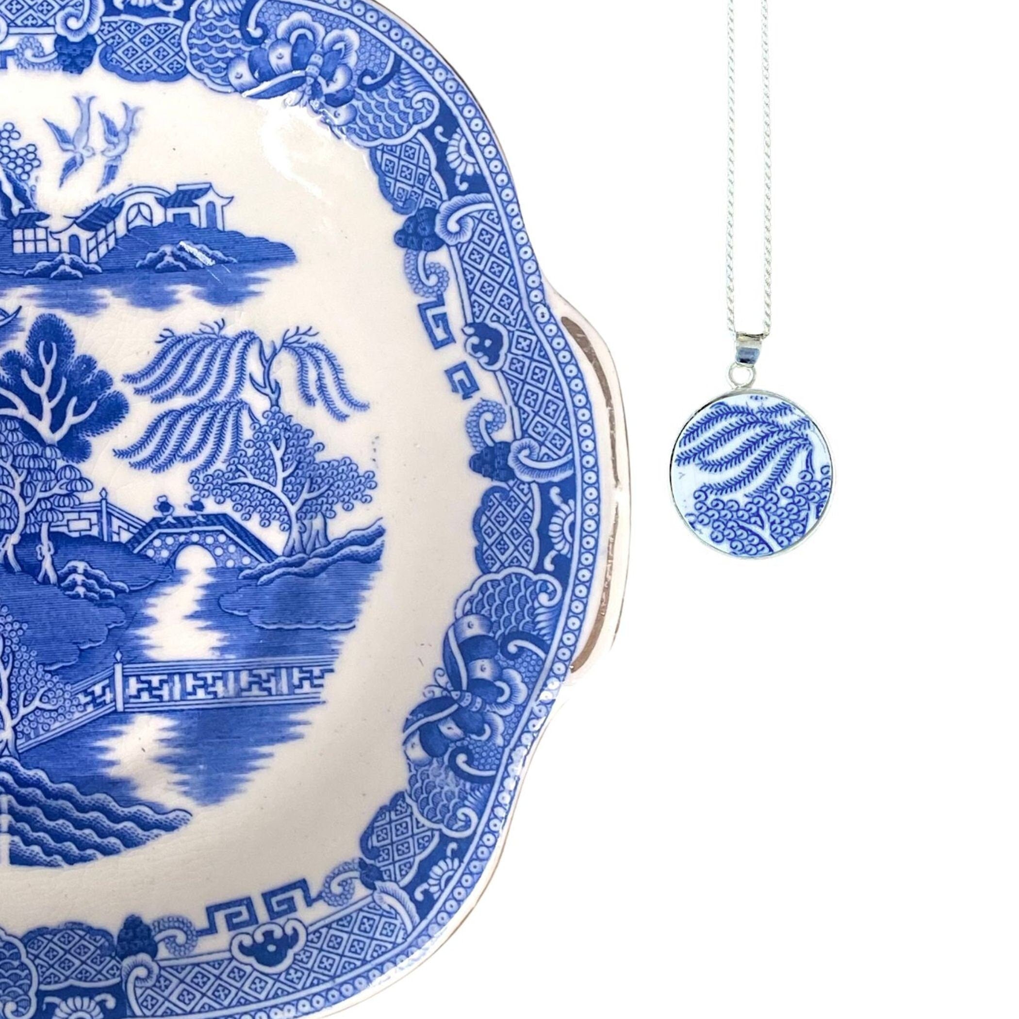One of a Kind Crown Staffordshire Blue Willow China Pendant Necklace