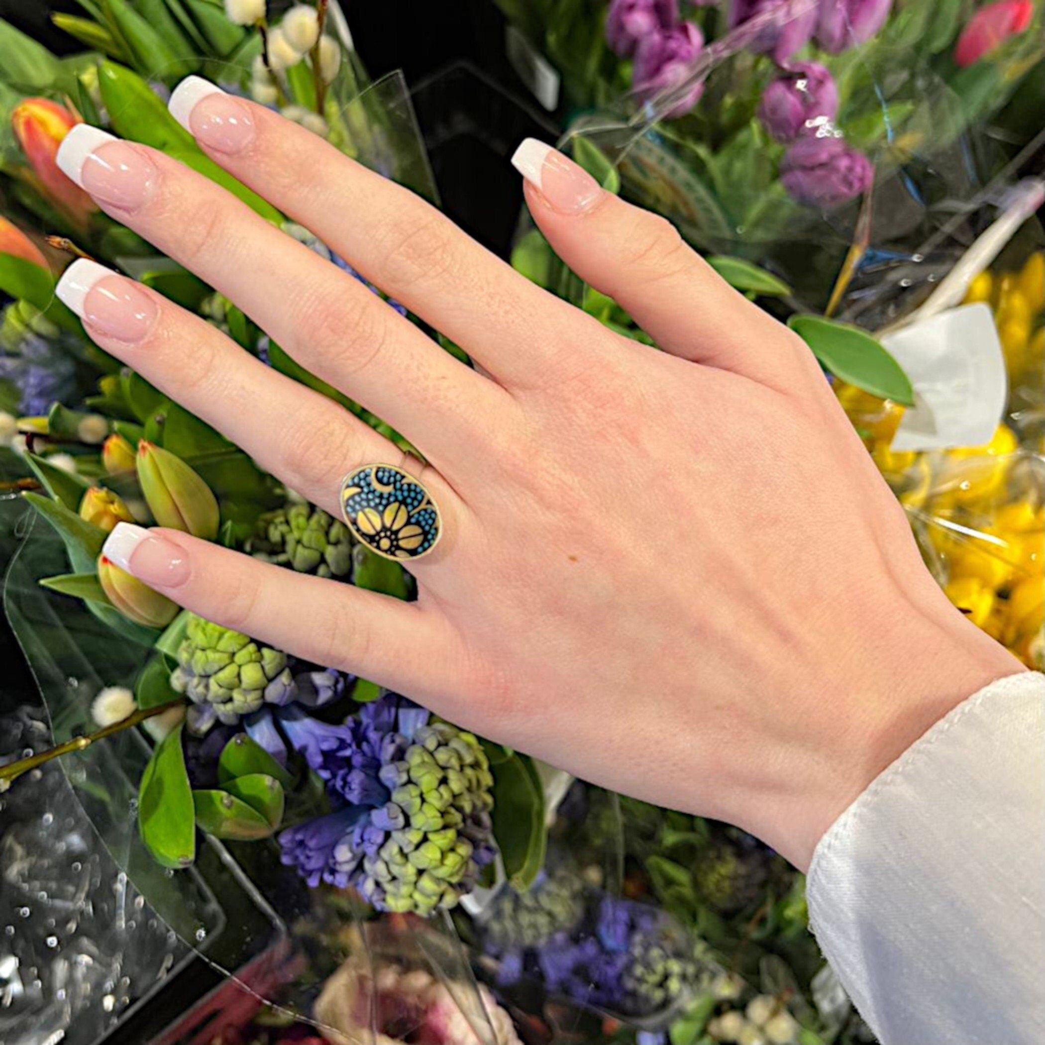 Vintage Teal and Gold Floral Imari China Ring handmade with Japanese Kutani Ware