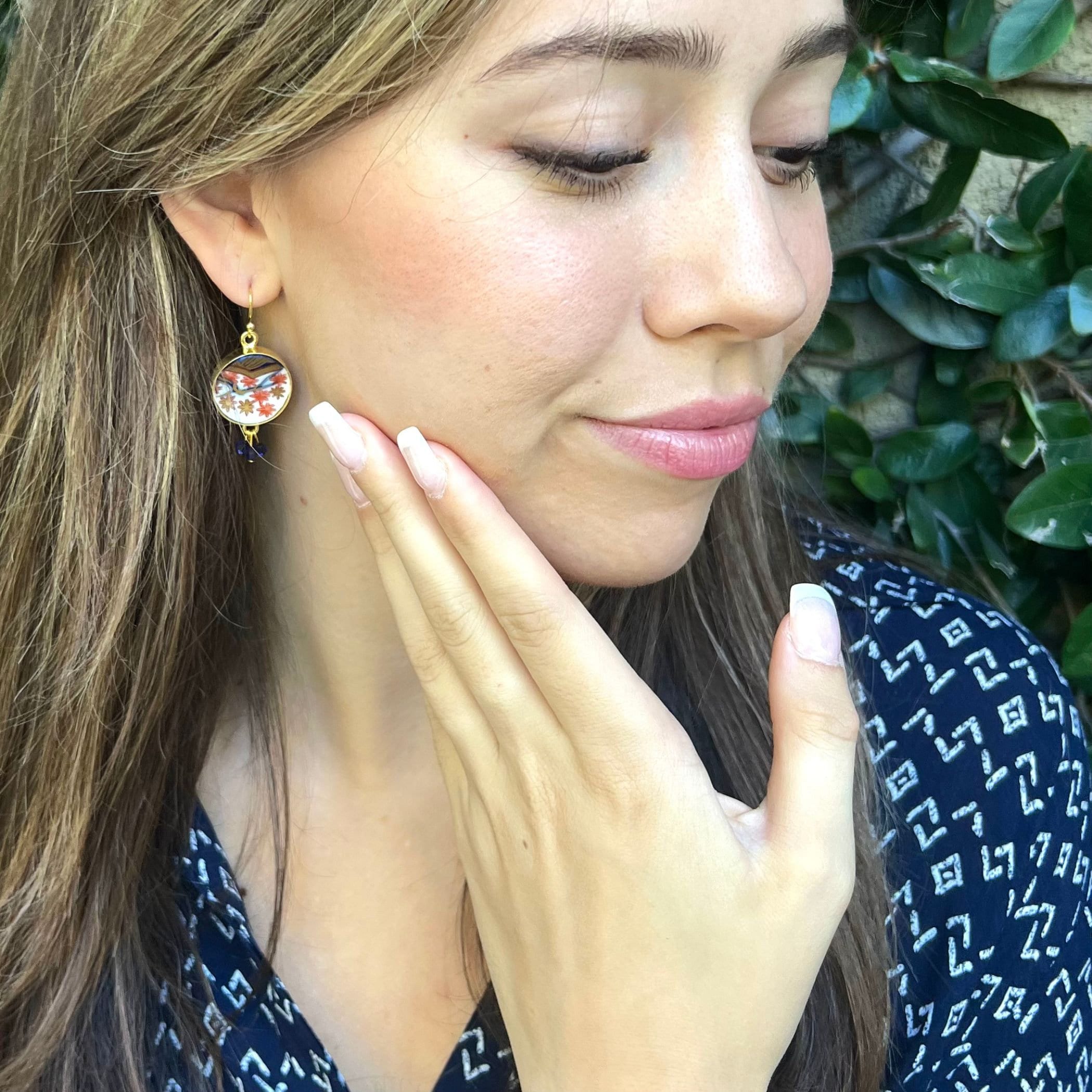 Unique Japanese Maple Leaf China Earrings handmade from a Vintage Arita Imari Plate, Upcycled Porcelain Jewelry for Her Autumn Birthday Gift