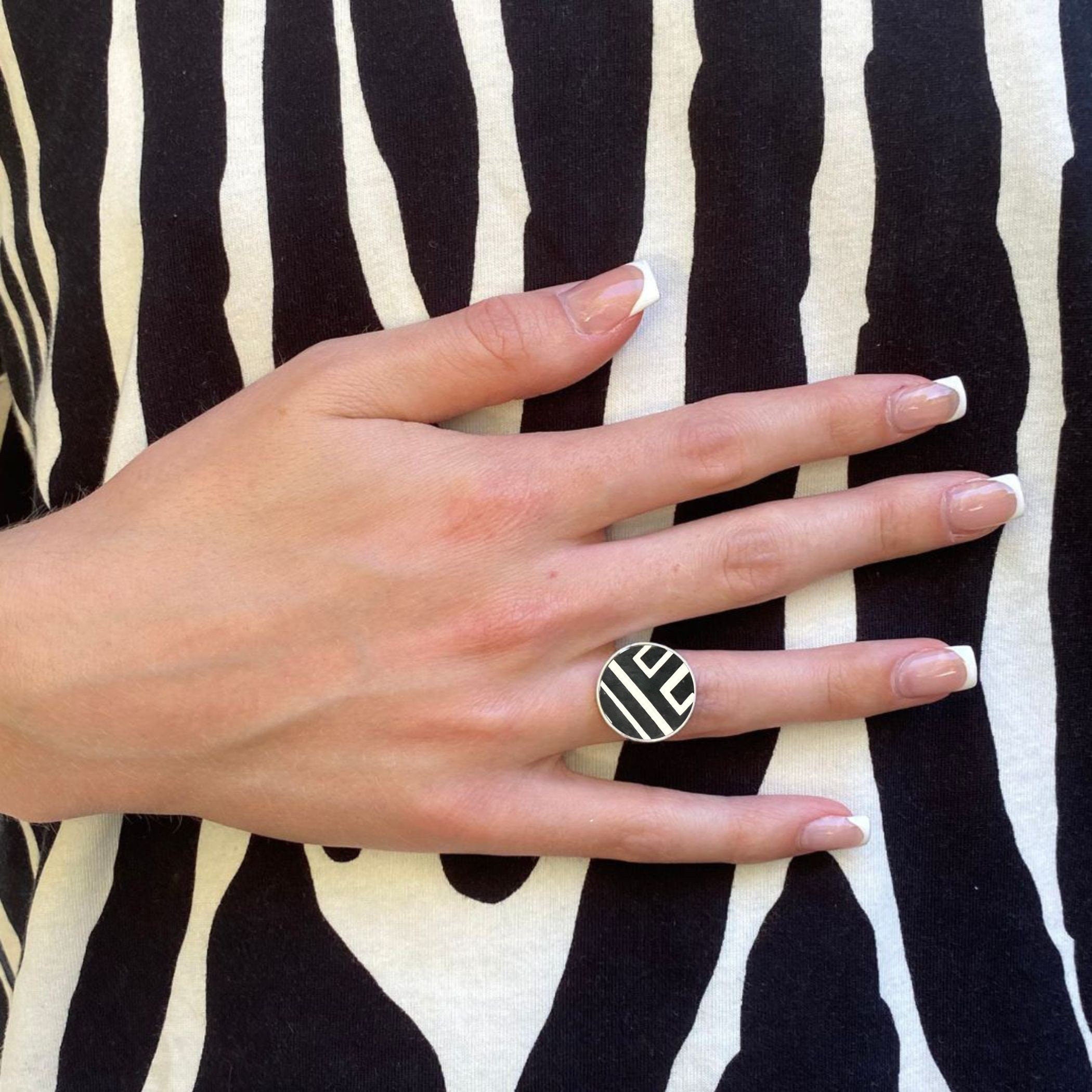 Bold Black and White Geometric China Ring with Modern Vintage Vibe