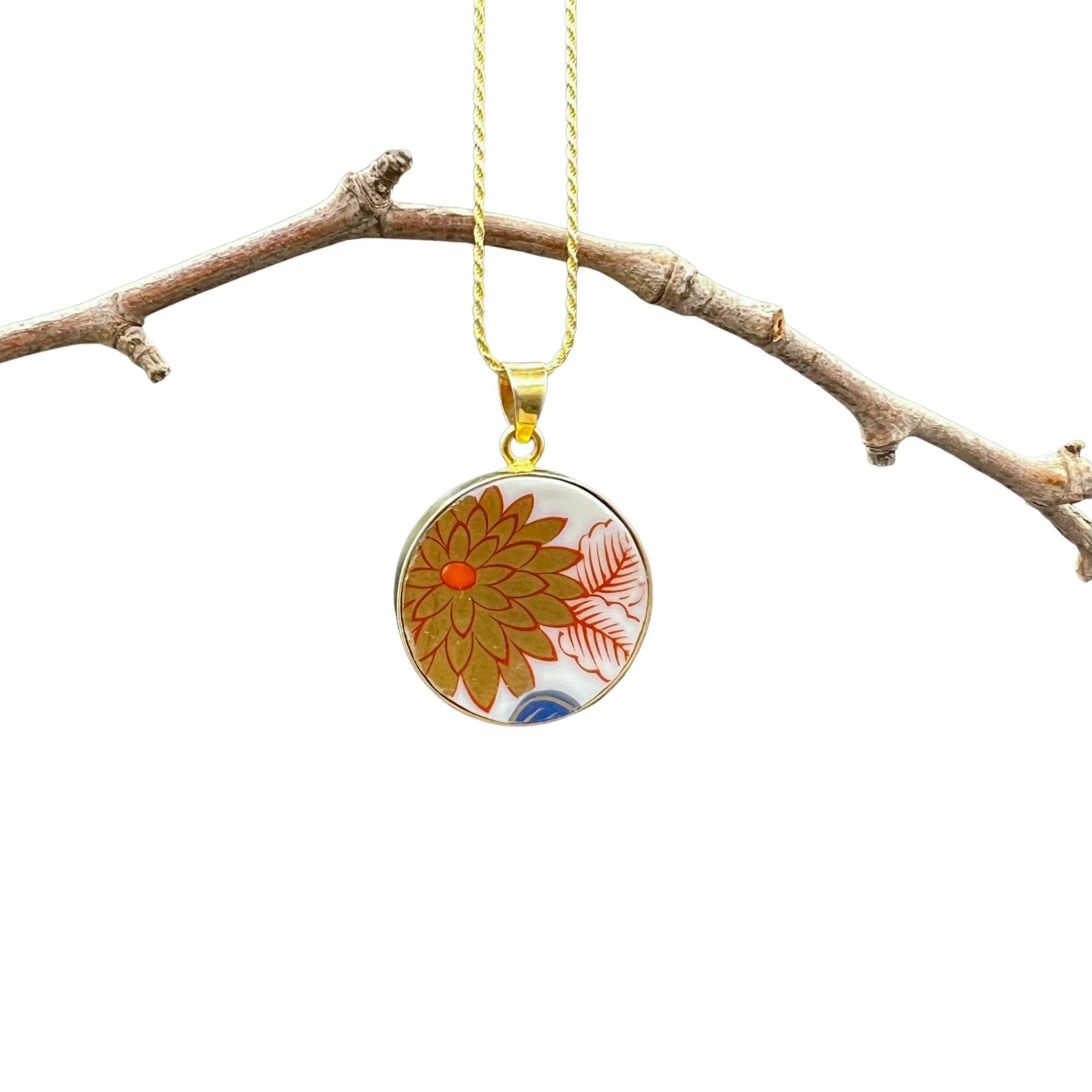 Japanese Gold Flower Porcelain Necklace handmade with Bold Vintage Imari China