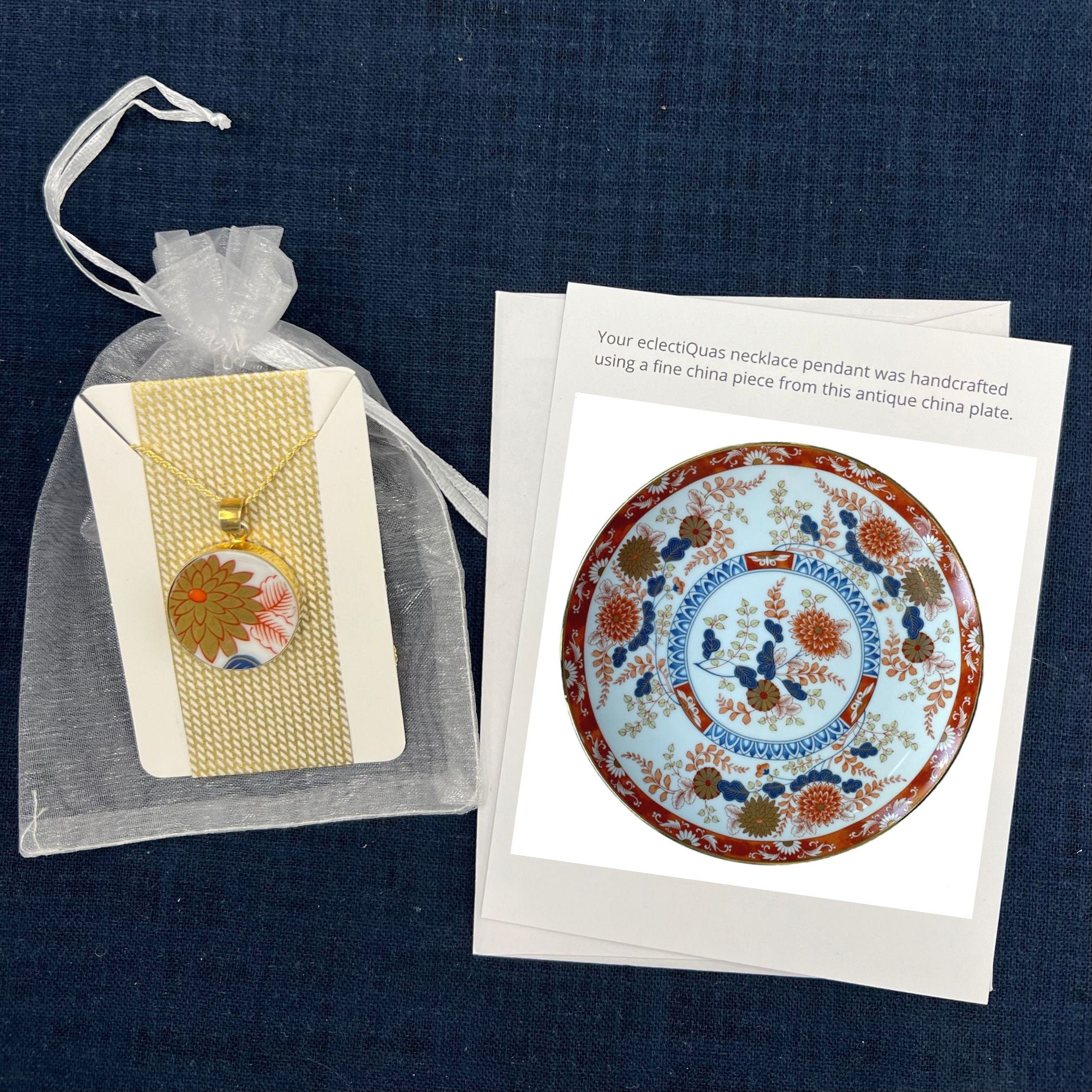 Japanese Gold Flower Porcelain Necklace handmade with Bold Vintage Imari China