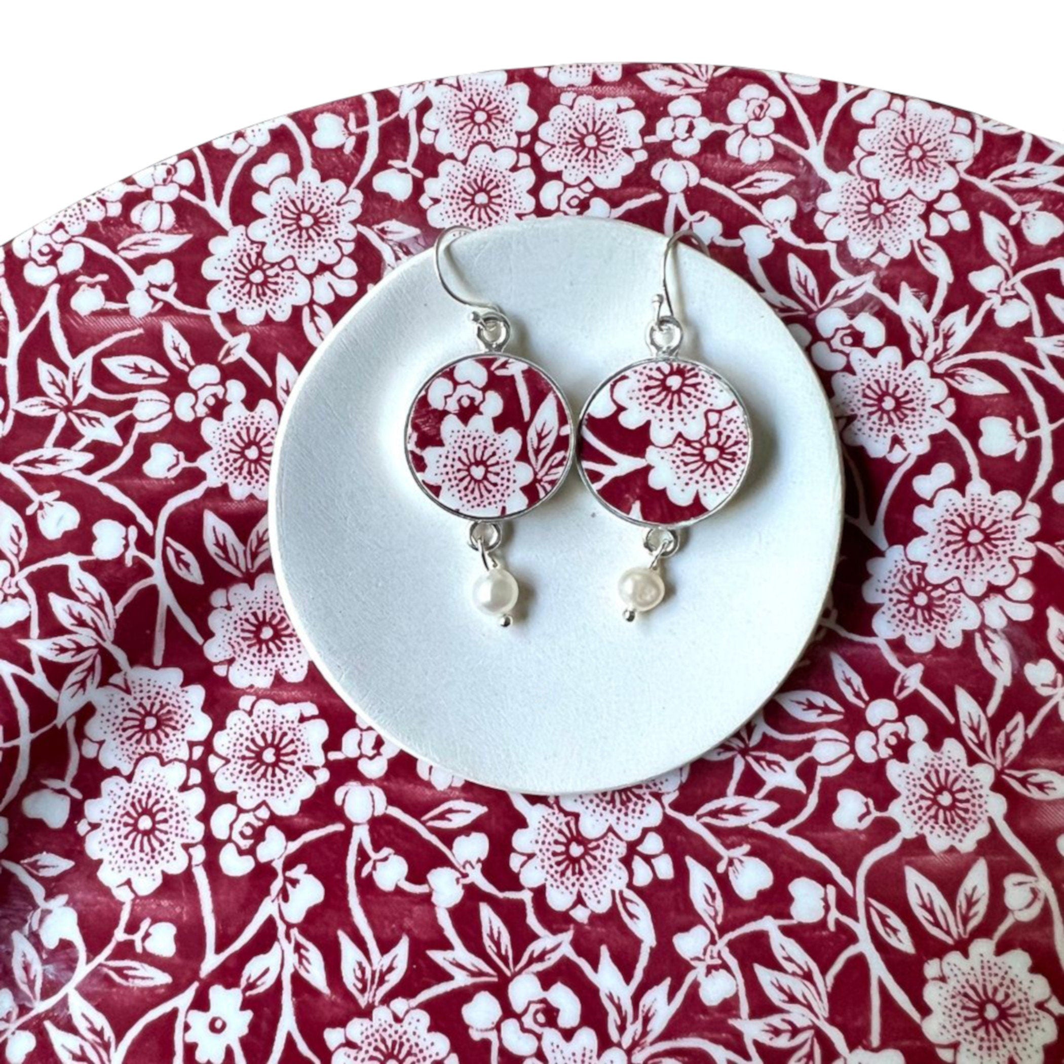 Vintage Red Calico China Earrings with Mismatched Red and White Flowers