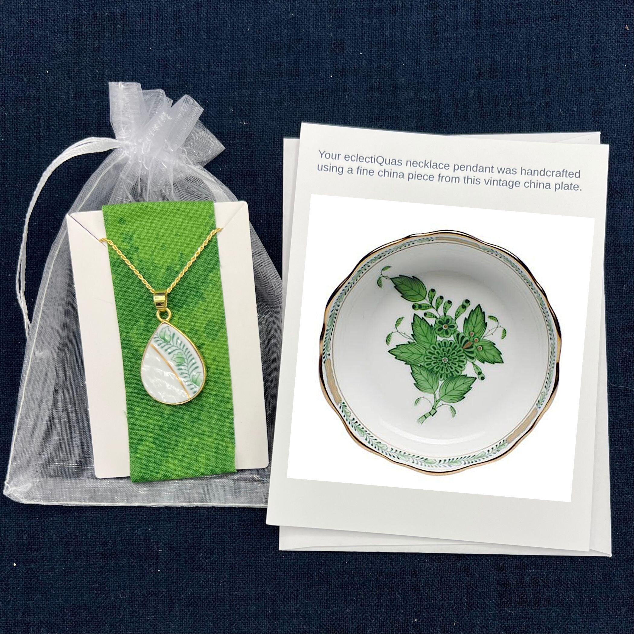 eclectiQuas packaging of a Vintage Green Herend Chinese Bouquet China Necklace, with a photo card of the china plate from which the jewelry piece originates.