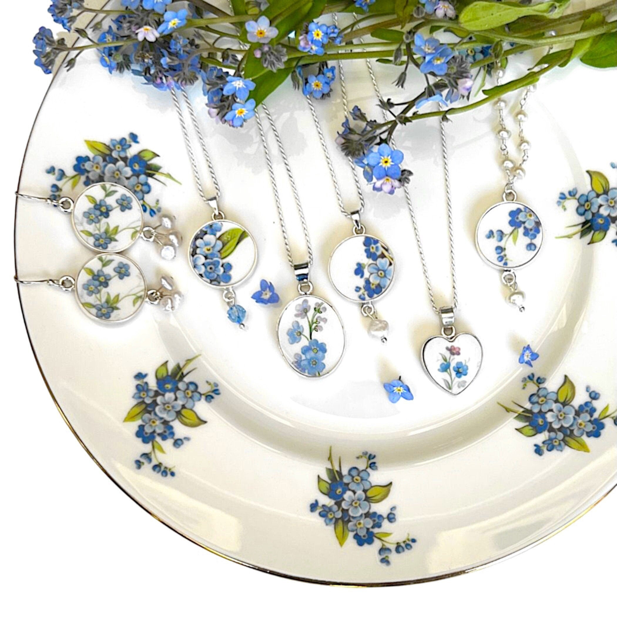 Broken China Jewelry handmade with Vintage Forget Me Not China & Sterling Silver
