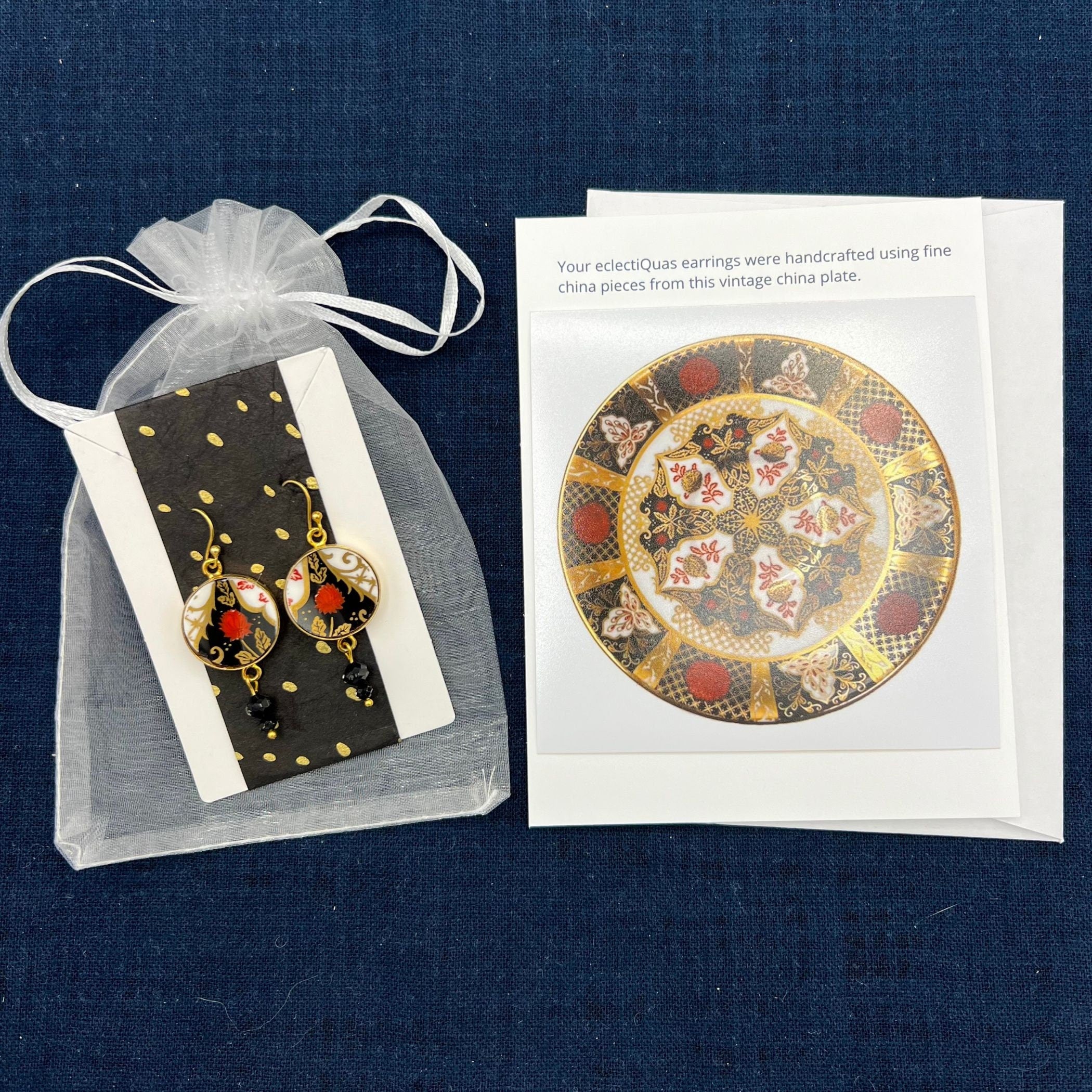 Upcycled Abbeydale Chrysanthemum Imari China Earrings with Black Swarovski Crystals