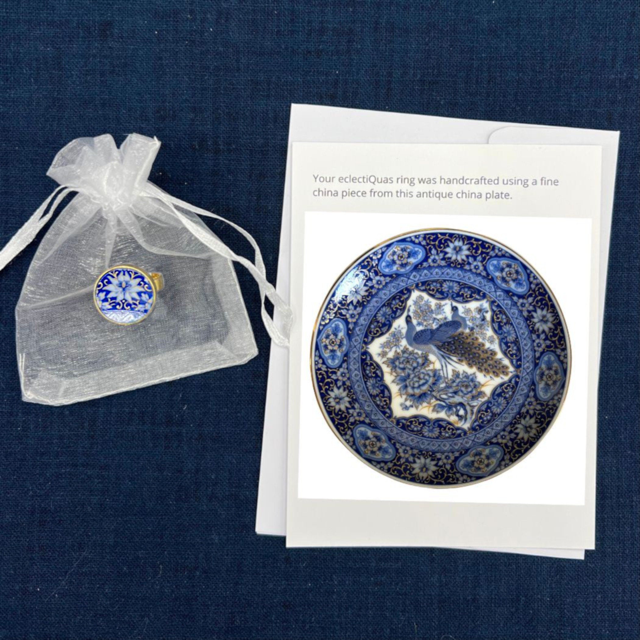 Blue Lotus Flower Upcycled Porcelain Ring handmade with Gold Plated Sterling Silver