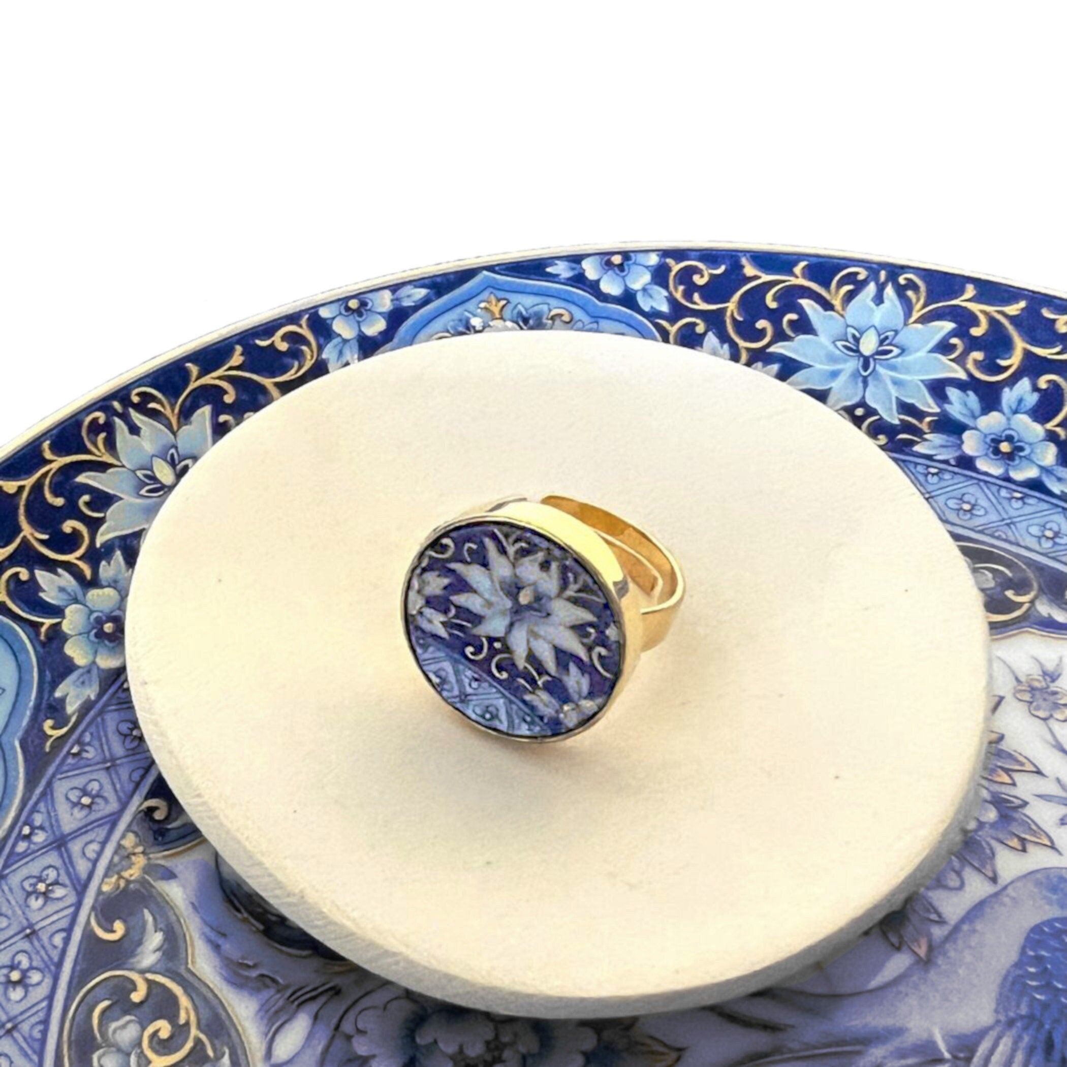 Blue Lotus Flower Upcycled Porcelain Ring handmade with Gold Plated Sterling Silver
