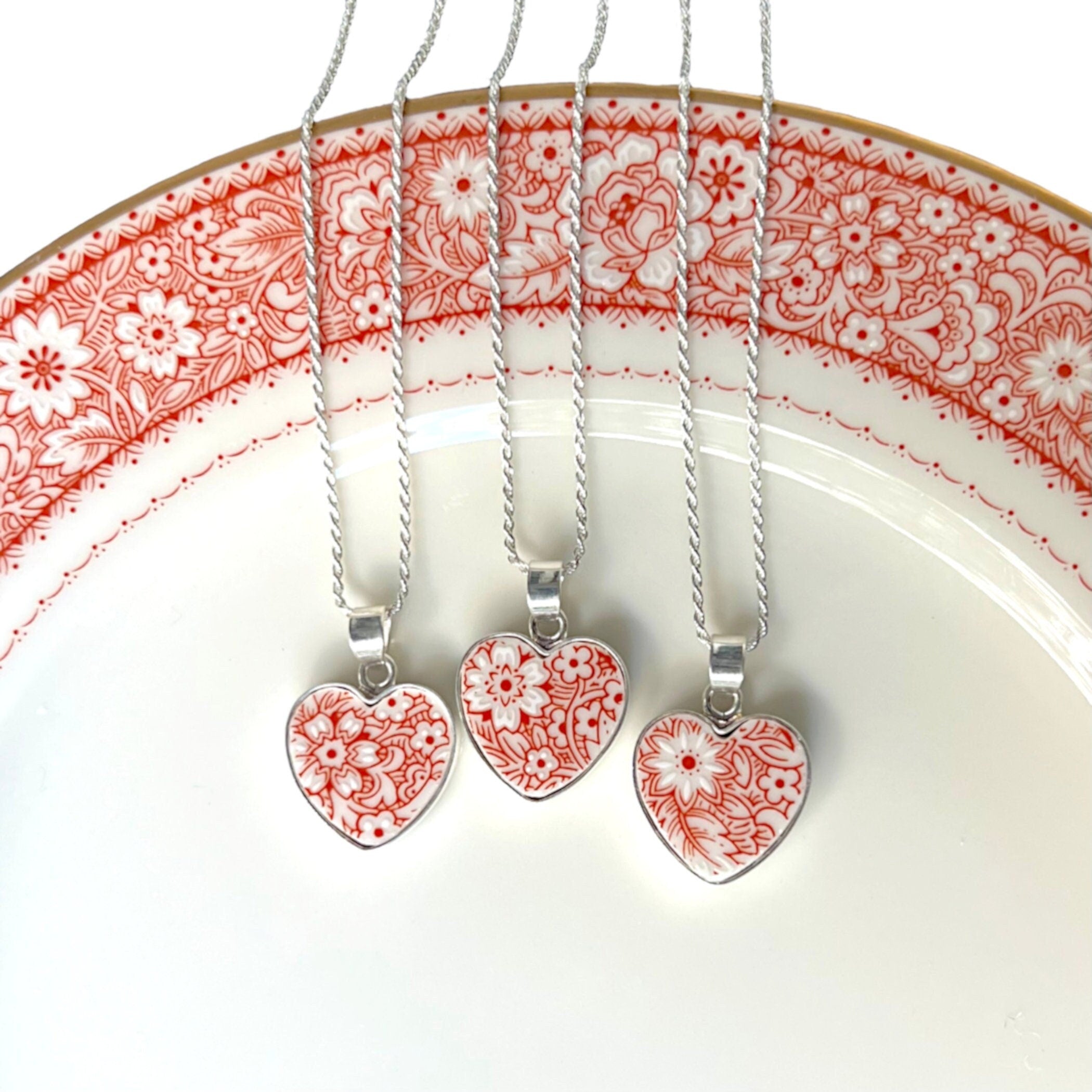 Vintage red and white floral heart pendant necklaces, upcycled china jewelry romantic gift for wife or girlfriend
