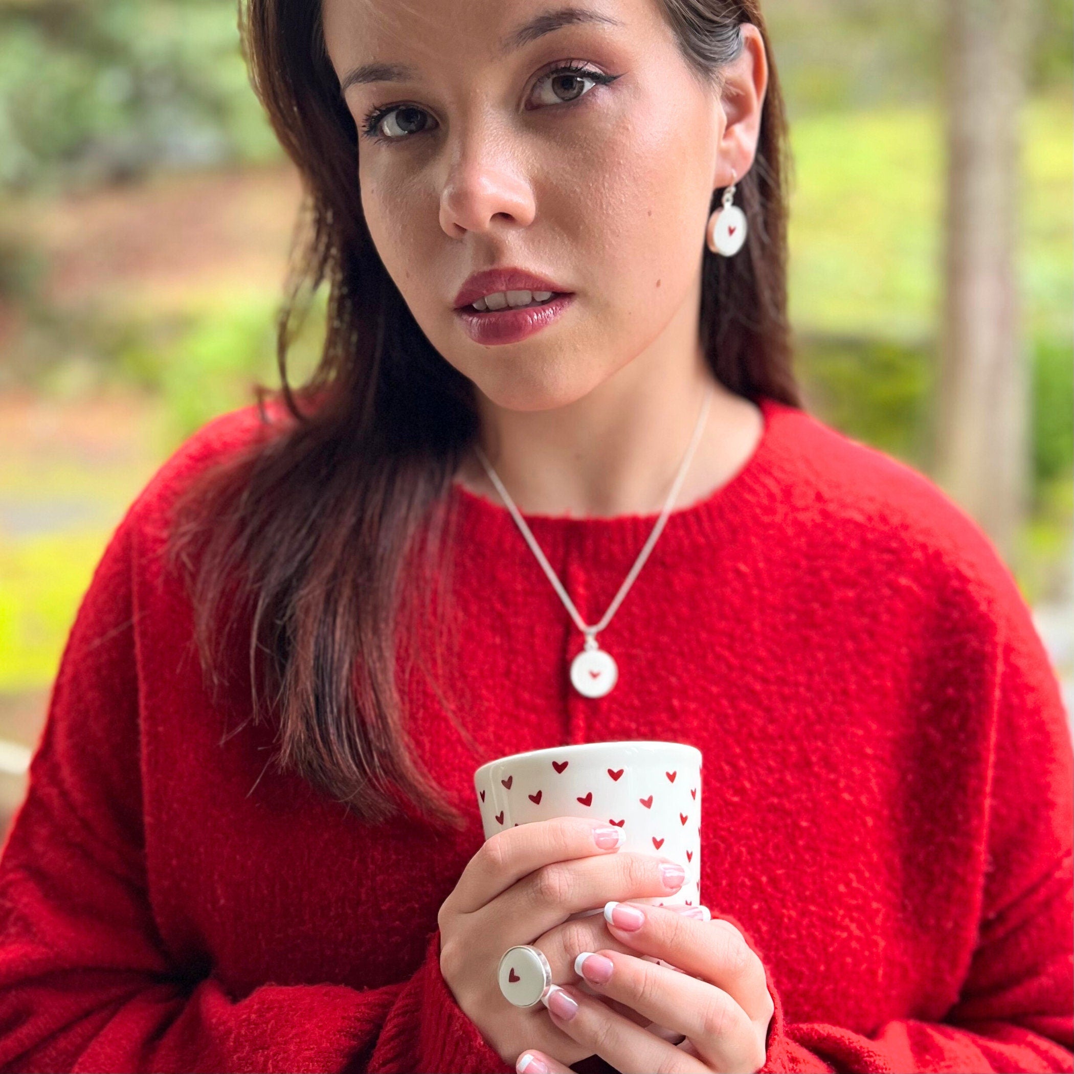 Tiny Red Heart Broken China Jewelry Necklace or Earrings Gift for Girlfriend Birthday handmade with Repurposed China & Sterling Silver