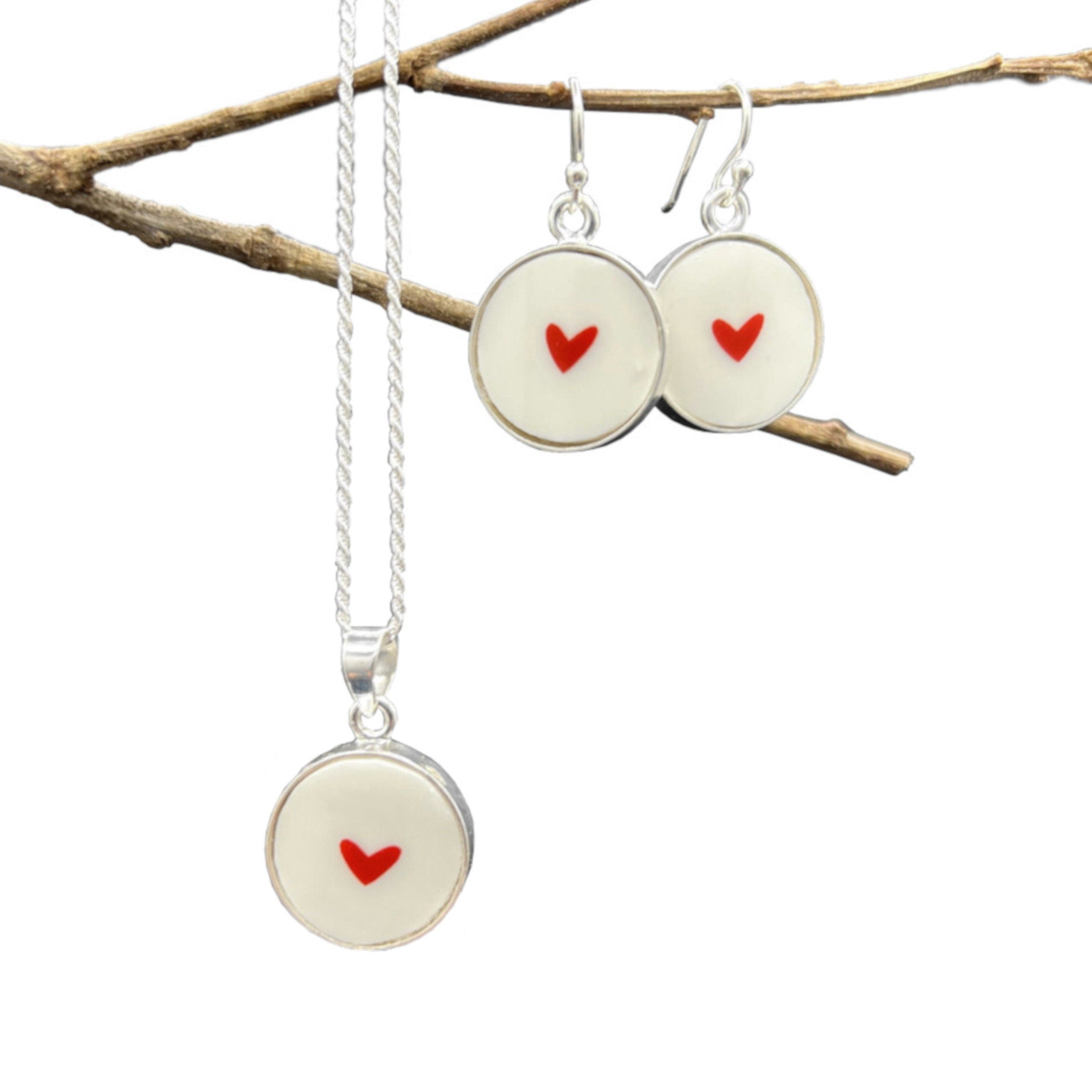 Tiny Red Heart Broken China Jewelry Necklace or Earrings Gift for Girlfriend Birthday handmade with Repurposed China & Sterling Silver