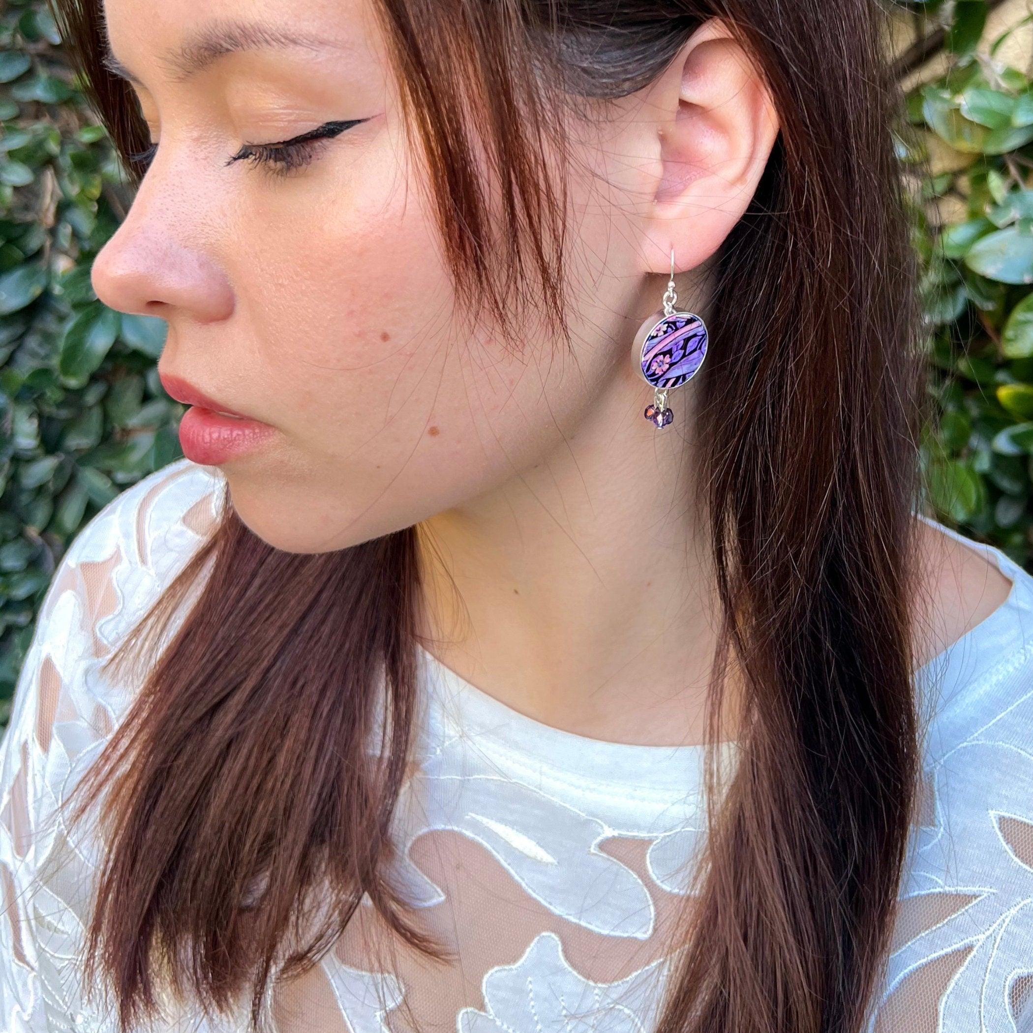Upcycled William Morris Pimpernel Broken China Jewelry Earrings with Pink Purple Flowers