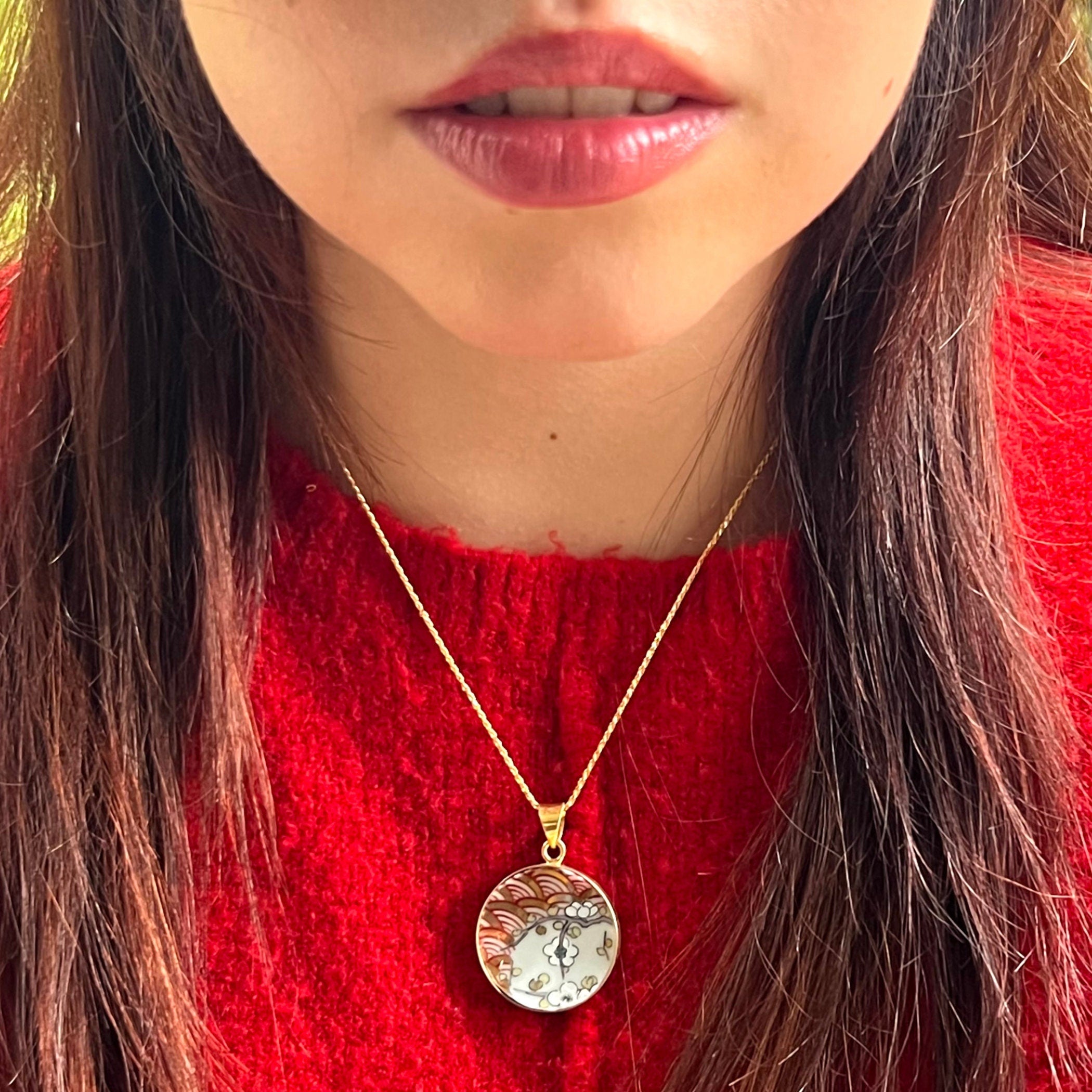 Upcycled Japanese Cherry Blossom Imari China Necklace with Sakura Pendant