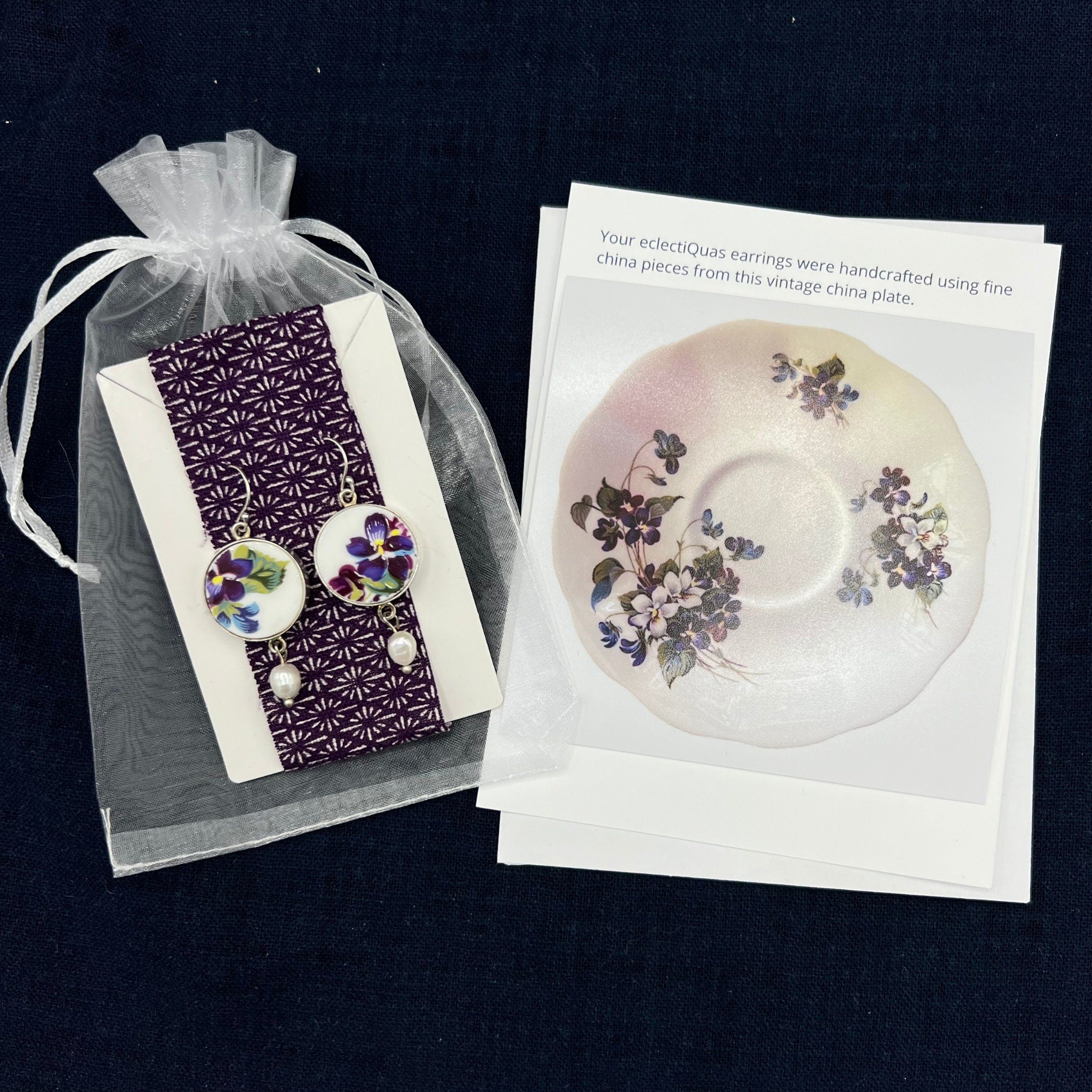 Purple Violet Flower China Earrings handmade with Vintage Royal Albert China