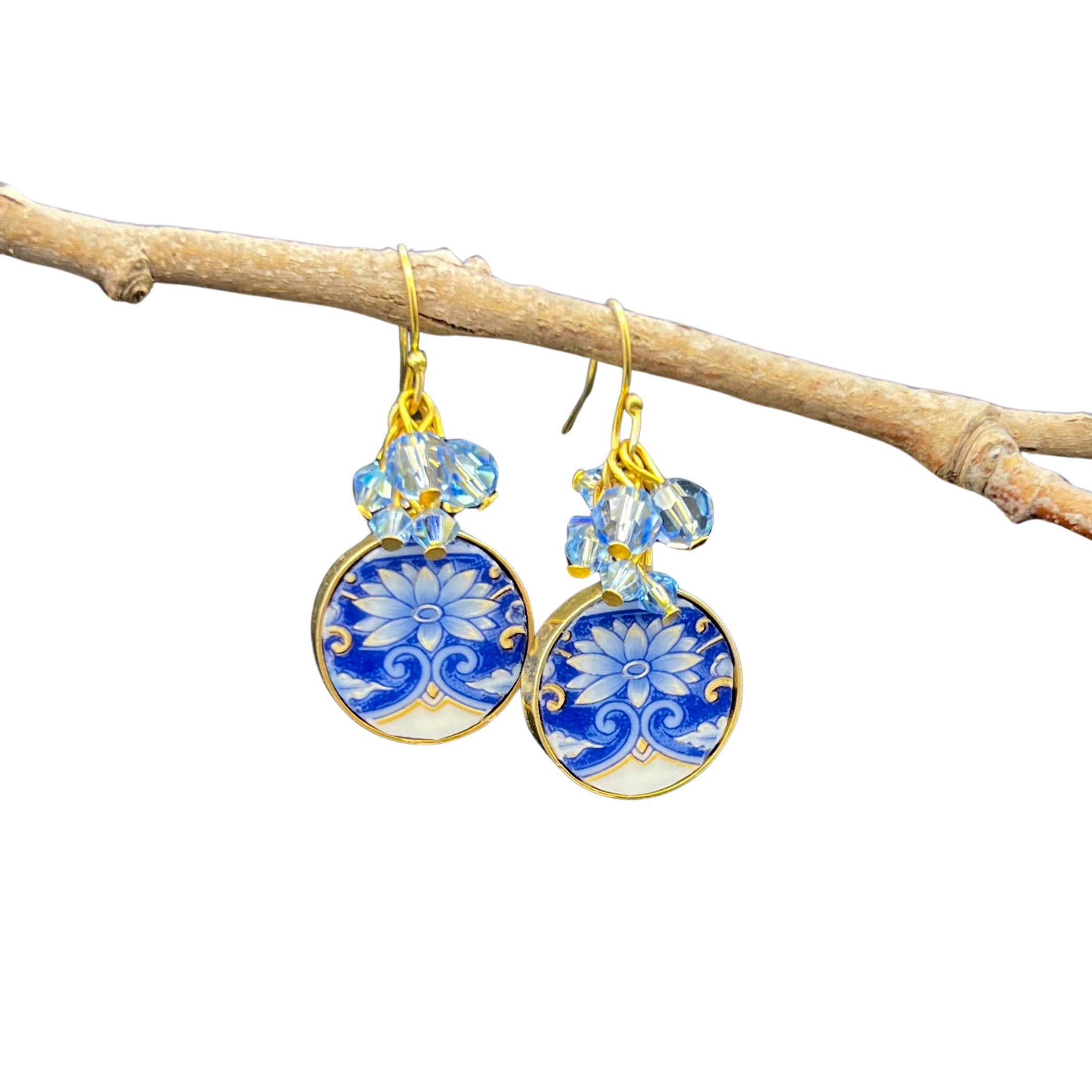 Intricate Blue China Dangly Earrings handmade with Bohemian Style China