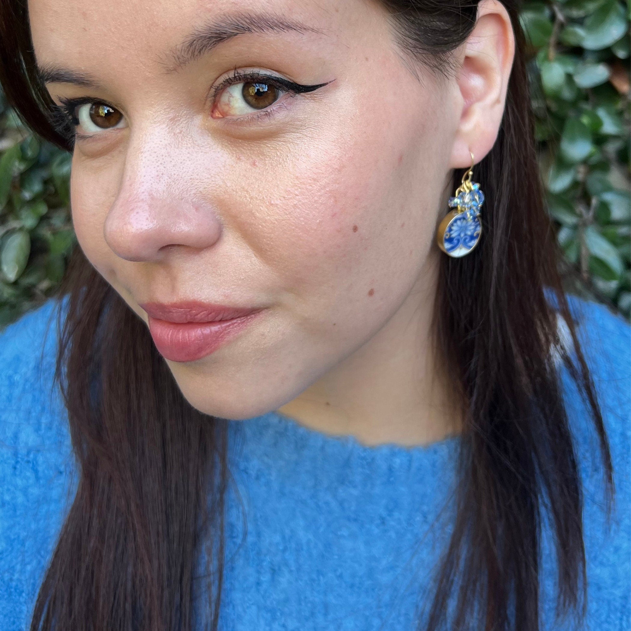 Intricate Blue China Dangly Earrings handmade with Bohemian Style China