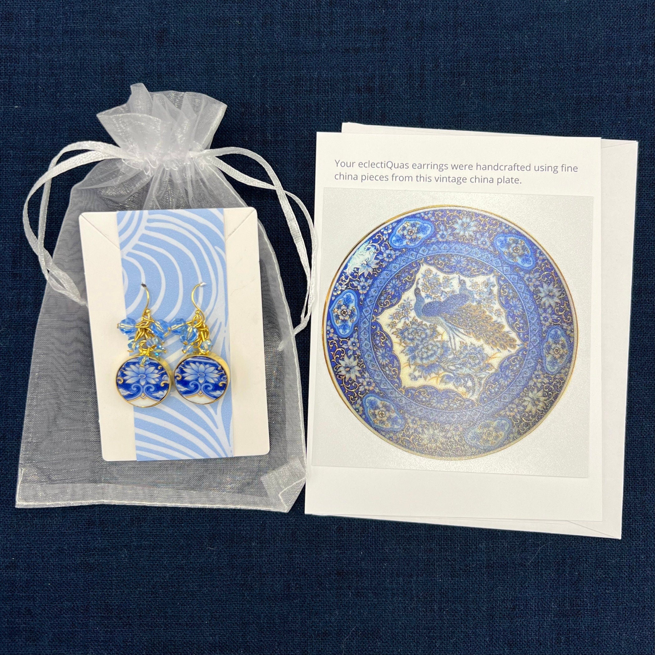 Intricate Blue China Dangly Earrings handmade with Bohemian Style China