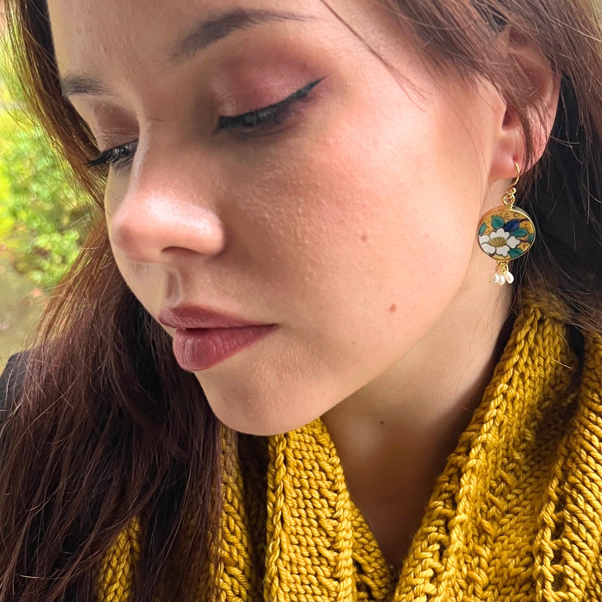 Japanese White Floral Kutani Porcelain Earrings with Vintage Takahashi San Francisco China