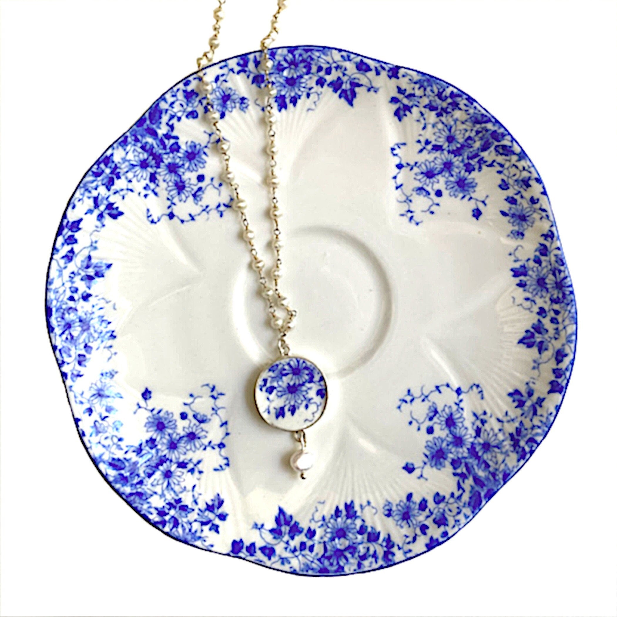 Vintage Shelley Dainty Blue and White China Necklace handmade with Upcycled Blue Daisy China