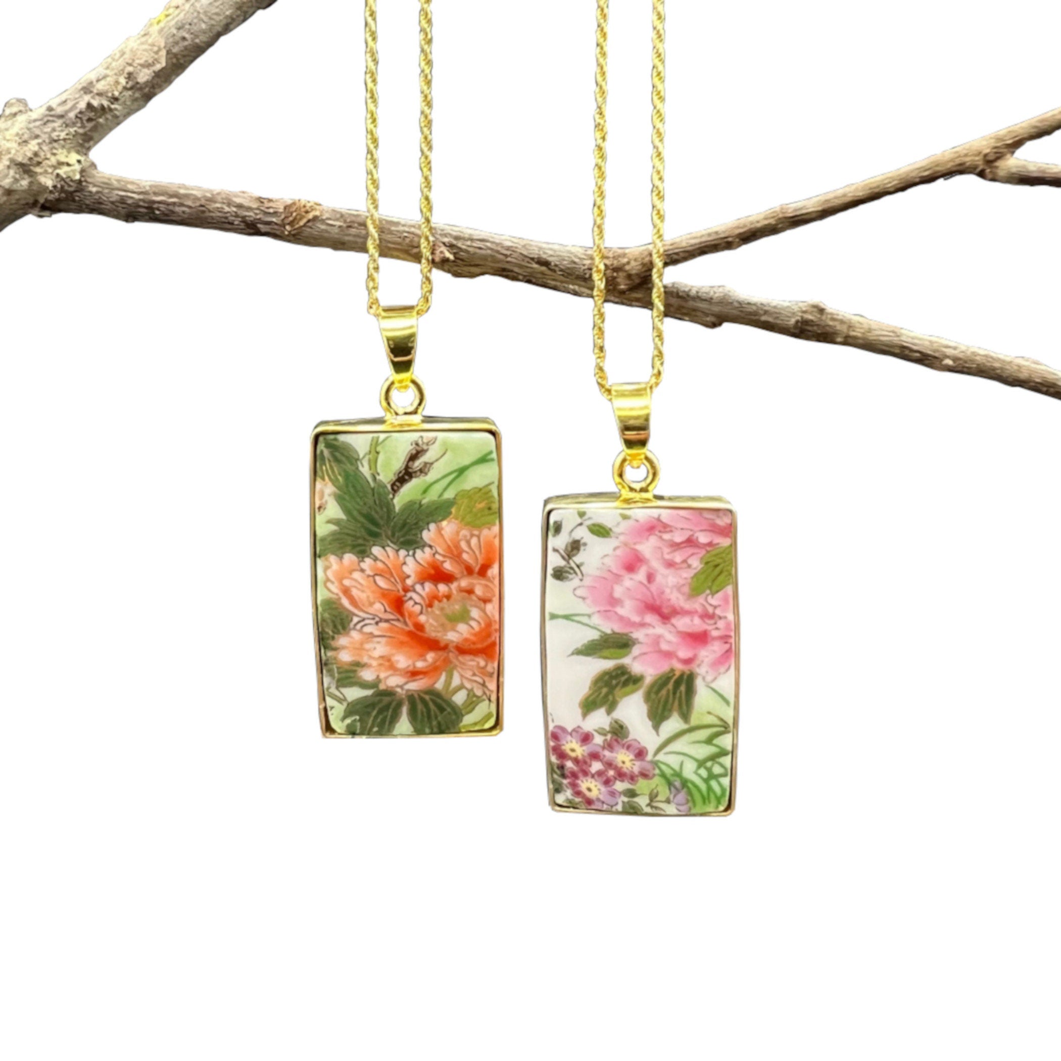 Vintage Chinoiserie Peony Necklaces handmade from a Japanese Imari Vase